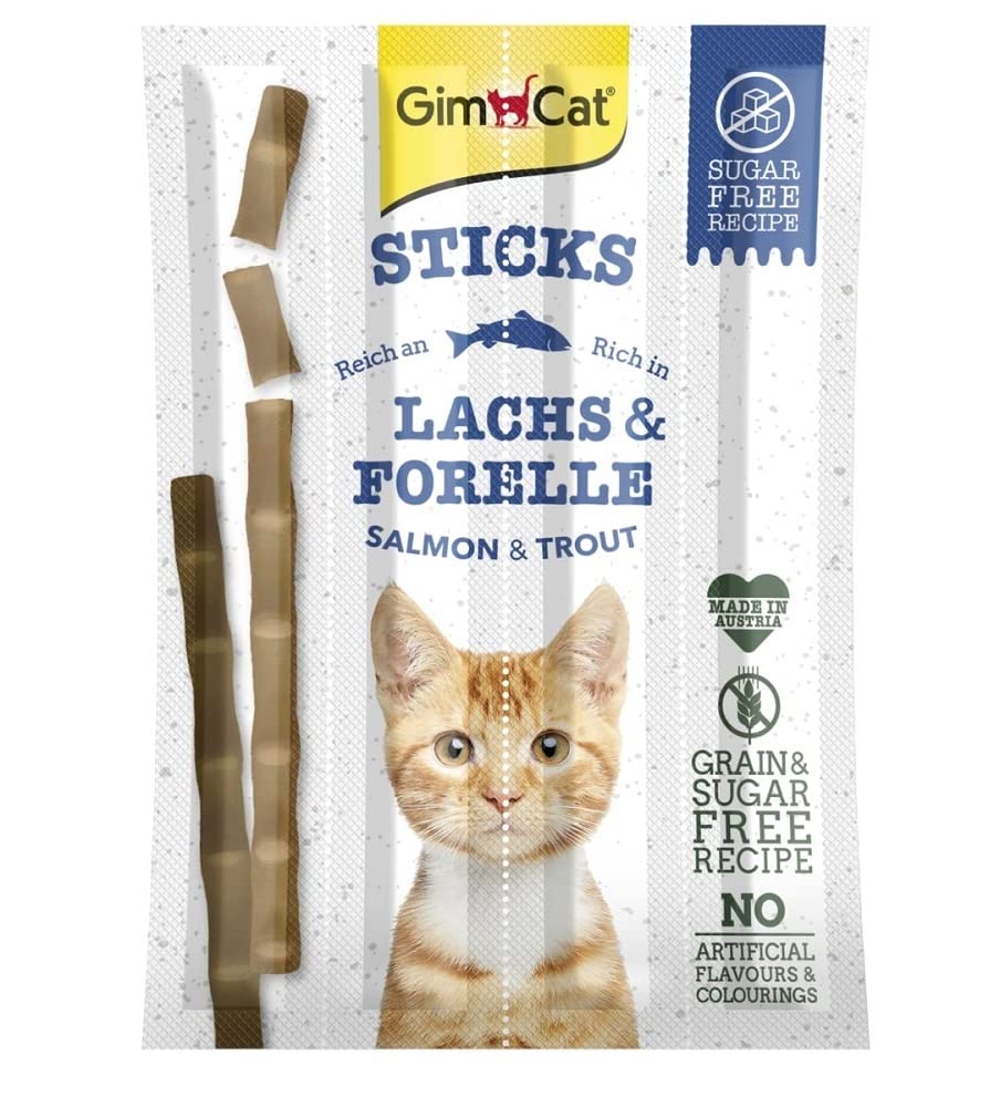 GimCat Sticks Lachs & Forelle – Softe Kaustangen mit hohem Fleischanteil und ohne Zuckerzusatz – 1 Packung (1 x 4 Sticks)