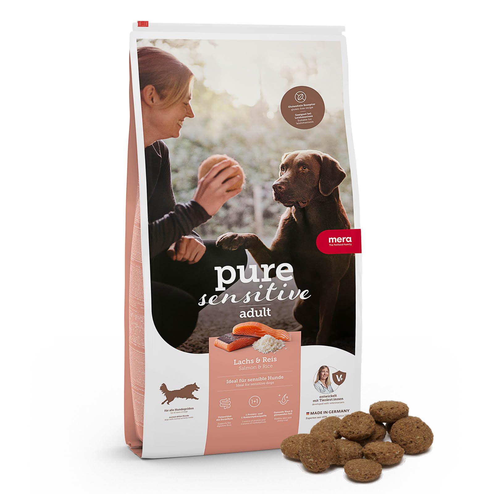 MERA pure sensitive Lachs & Reis, Hundefutter trocken für sensible Hunde, Trockenfutter aus Lachs und Reis, Futter für ausgewachsenen Hund, ohne Weizen und Zucker (12,5 kg)