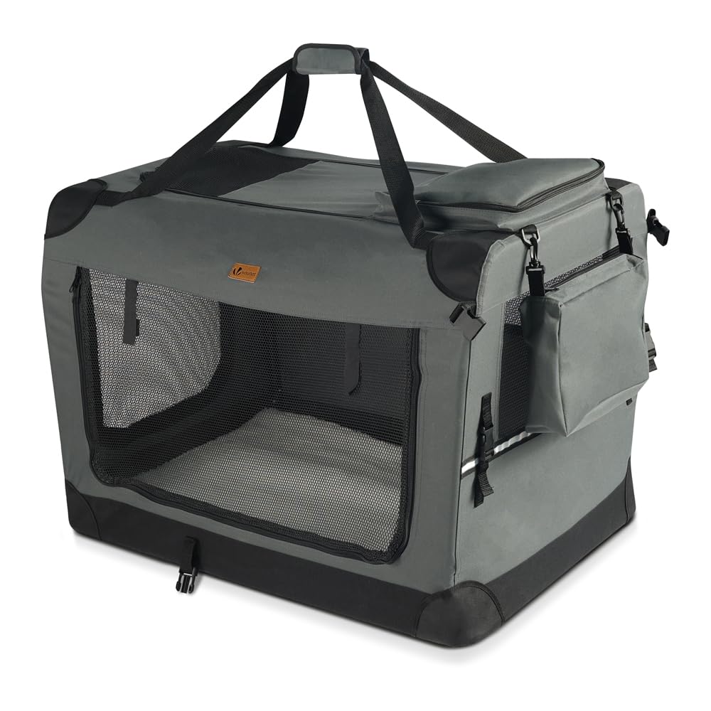 VOUNOT Hundebox faltbar, Transportbox Katze Hunde, Hundetasche, Oxford-Gewebe, Netzstoff, Atmungsaktiv, Transportabel, Metallrahmen, mit Griffen, Taschen, 70x52x52cm L, Grau