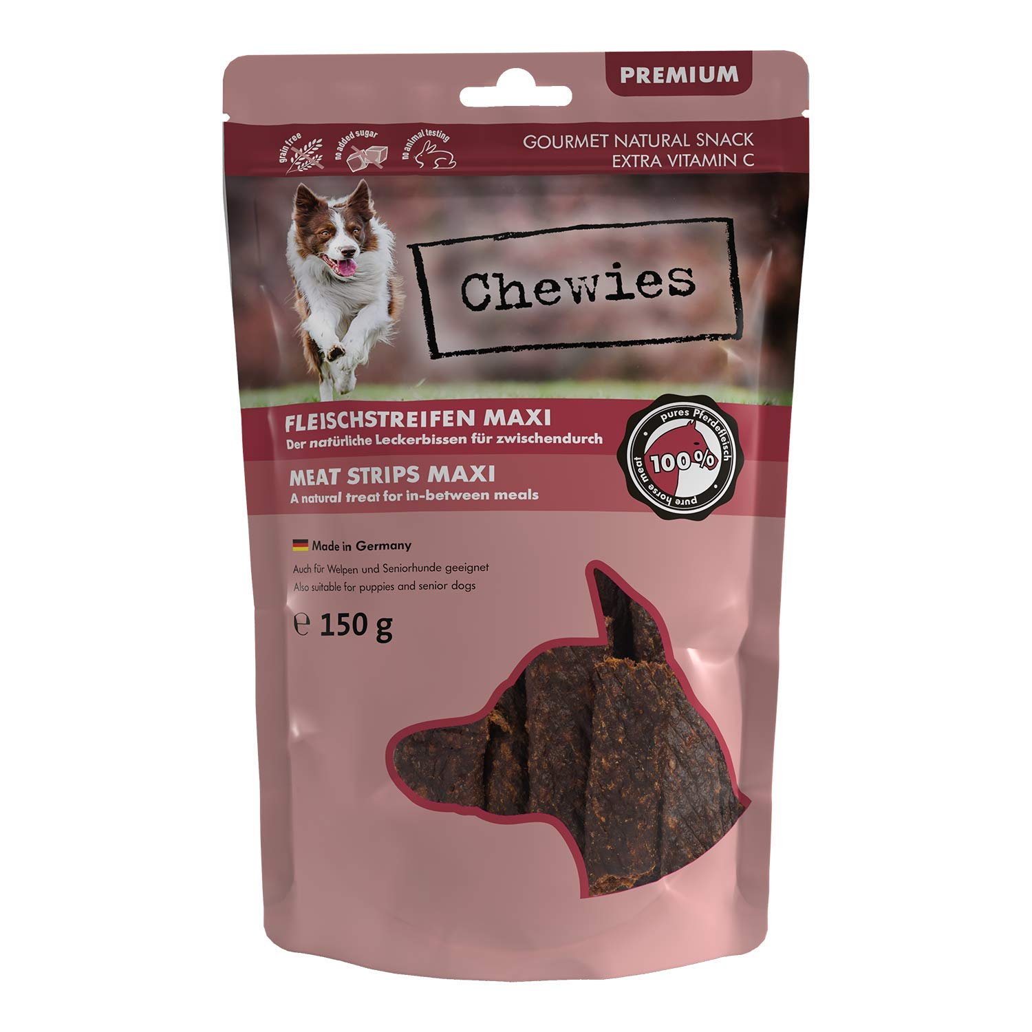 Chewies Fleischstreifen MAXI Hundeleckerli aus 100% Pferdefleisch – 150g – Fleischstreifen MAXI für Hunde – getrocknete Pferde Kaustreifen für Hunde – zuckerfrei & getreidefrei – Dörrfleisch vom Pferd