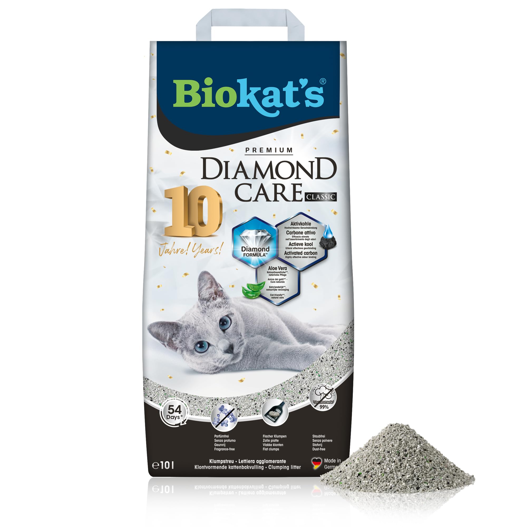 Biokat’s Diamond Care Classic Katzenstreu ohne Duft – Feine Klumpstreu aus Bentonit mit Aktivkohle und Aloe Vera – 1 Sack (1 x 10 L)