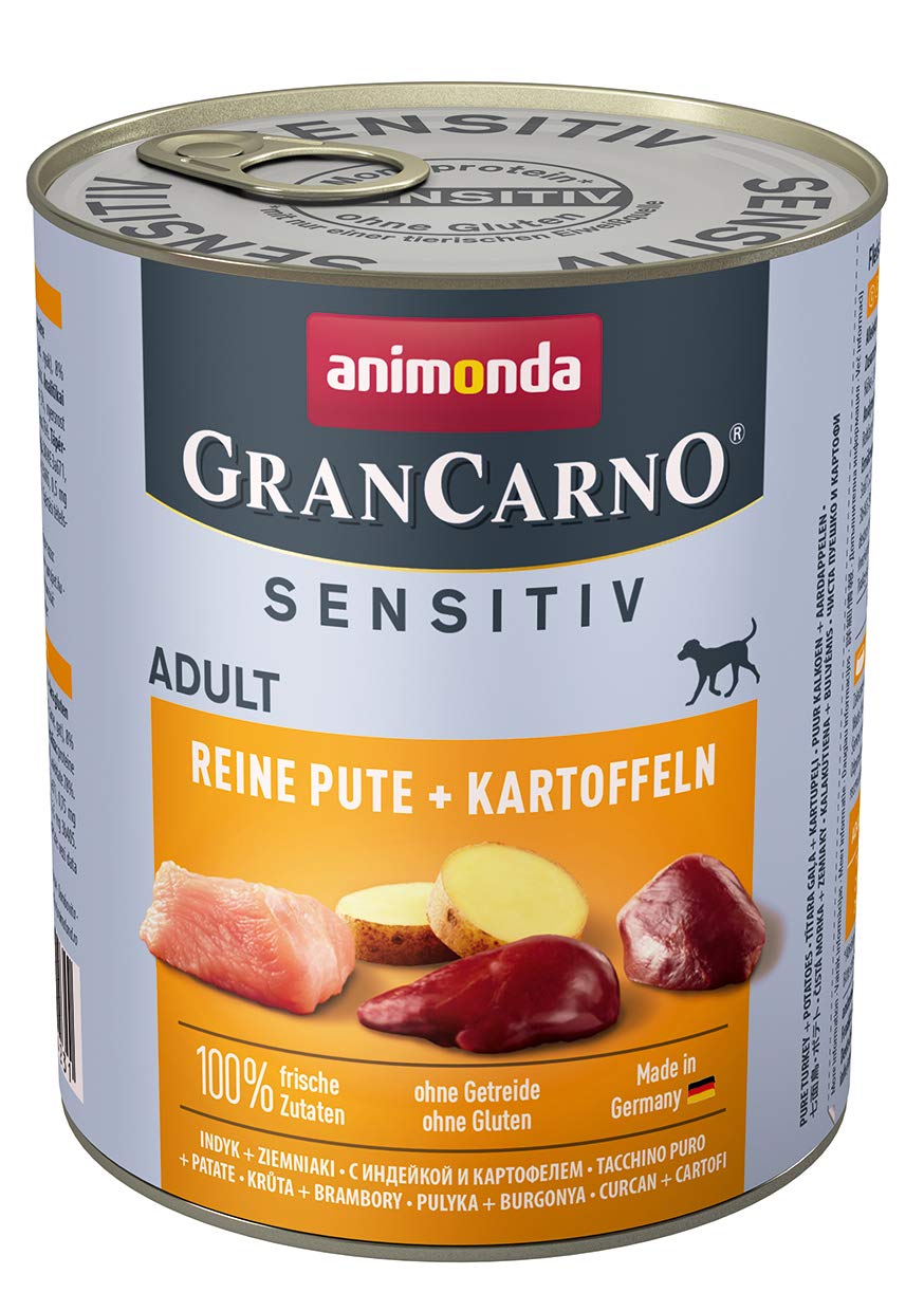 GranCarno Hunde Nassfutter Sensitiv Reine Pute + Kartoffeln (6 x 800g), Hundefutter nass ohne Getreide und Zucker von animonda, für ausgewachsene Hunde, mit frischen fleischlichen Zutaten