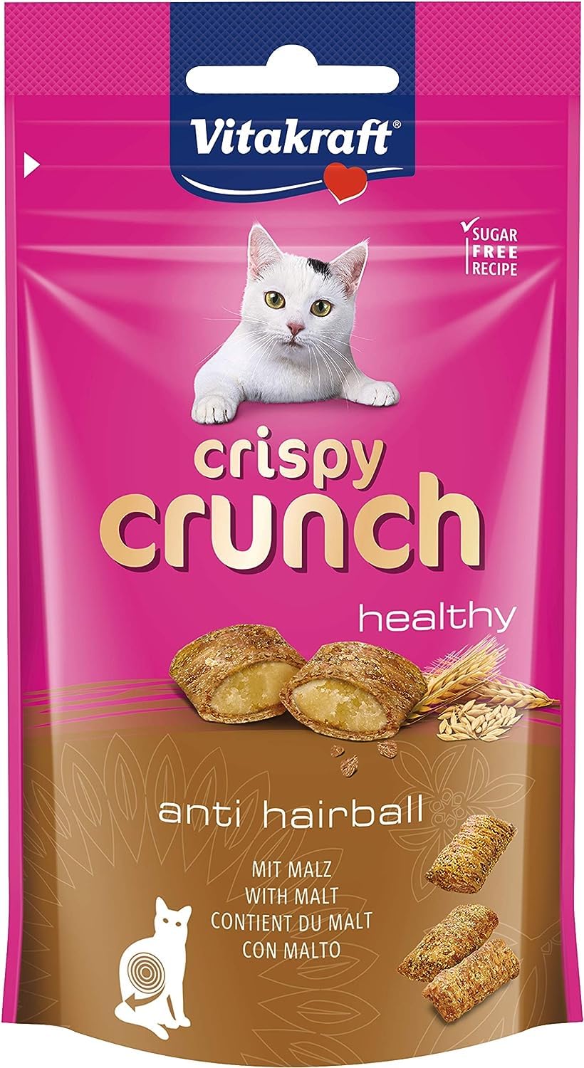 Vitakraft Crispy Crunch, knusprige Snackkissen gefüllt mit Malz, Katzensnack, zur Vorbeugung von Haarballen, ohne Zusatz von Zucker (1x 60g)