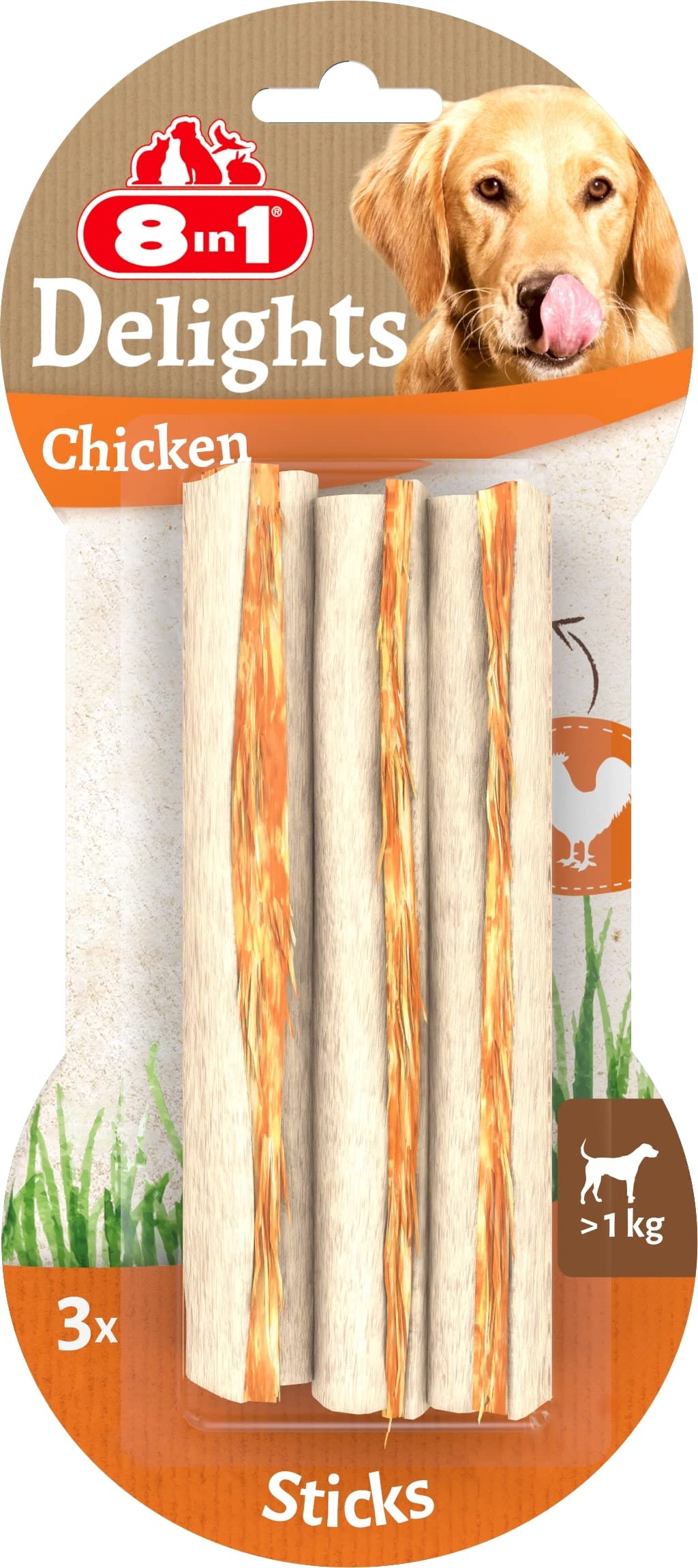 8in1 Delights Chicken Sticks – gesunde Kaustangen für Hunde, hochwertiges Hähnchenfleisch eingewickelt in Rinderhaut, 3 Stück