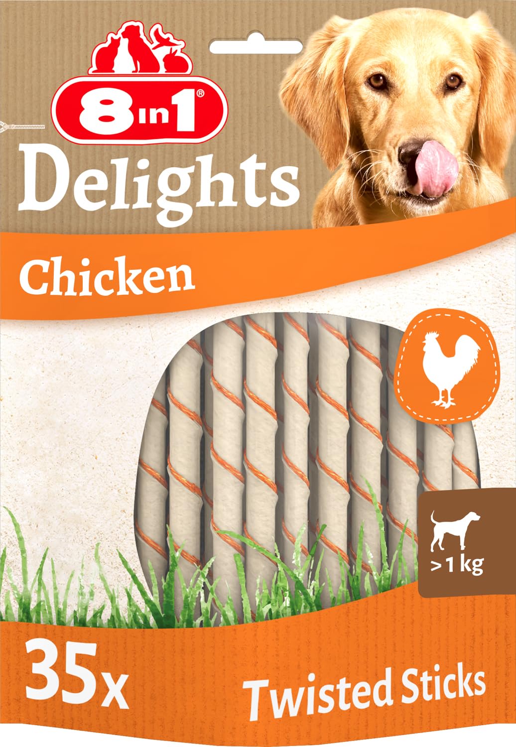 8in1 Delights Chicken Twisted Sticks – gesunde Kaustangen für Hunde, hochwertiges Hähnchenfleisch eingewickelt in Rinderhaut, 35 Stück