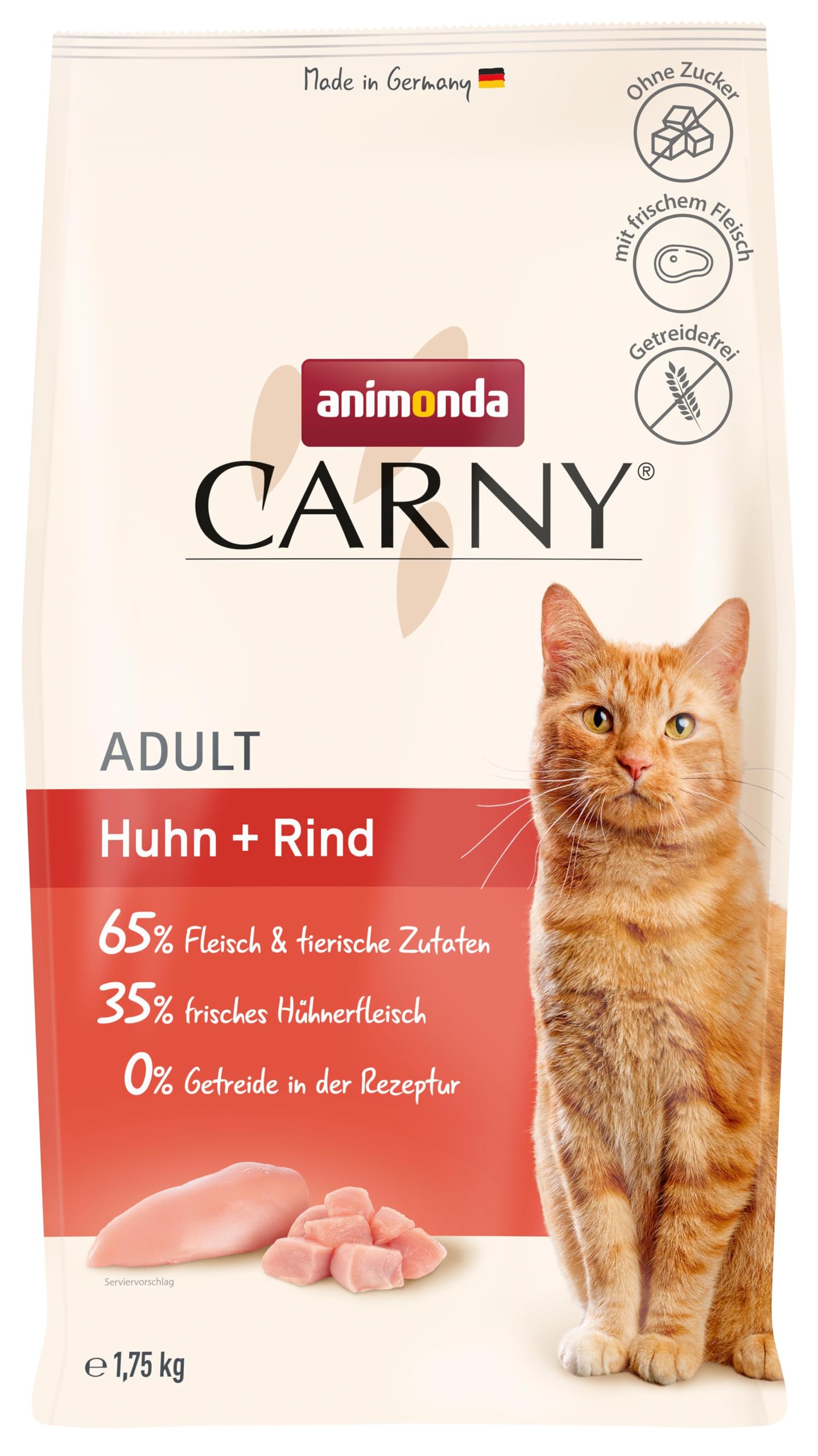 animonda Carny Katzenfutter trocken für erwachsene Katzen – Trockenfutter Katze zuckerfrei und ohne Getreide mit Huhn + Rind, 1,75 kg