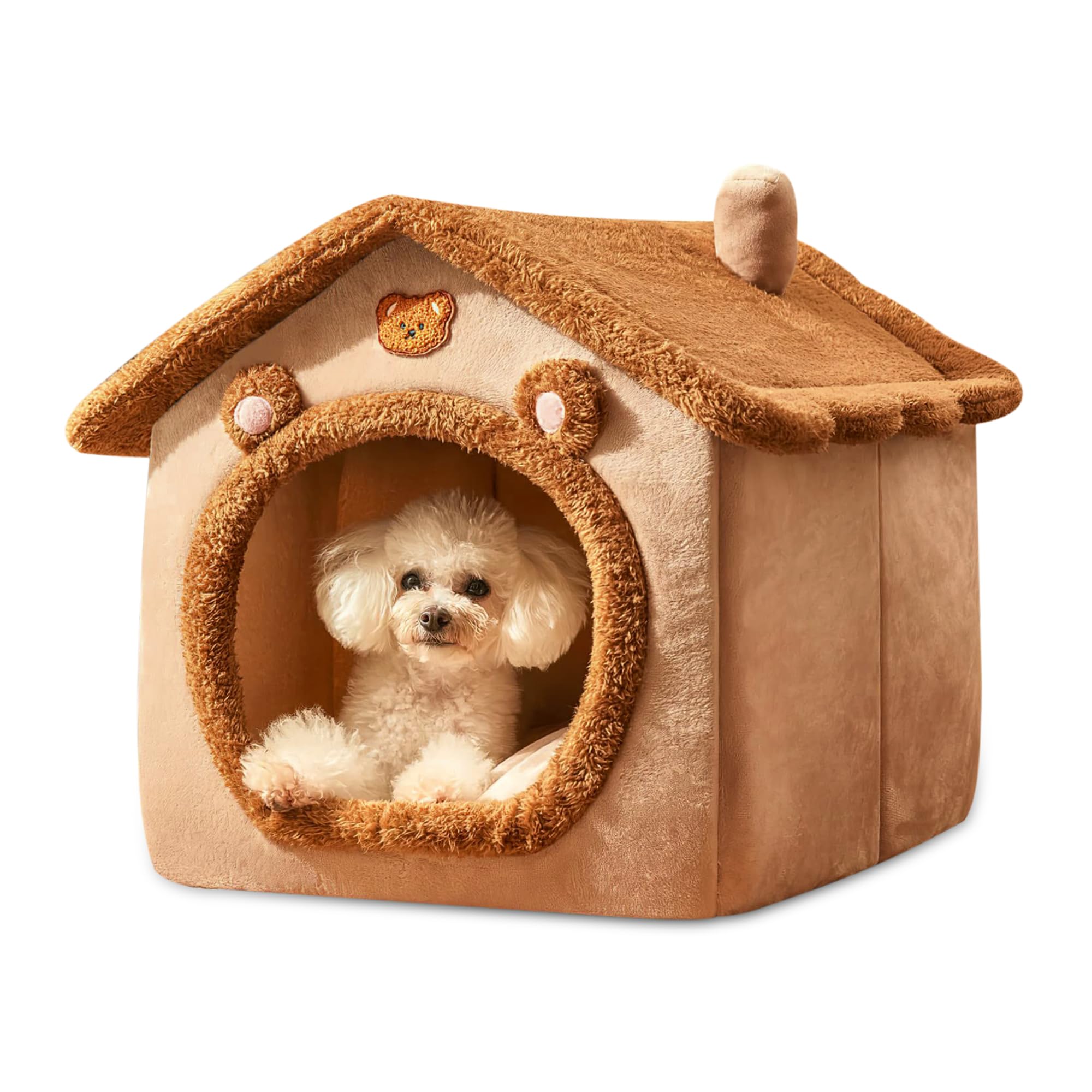 ALLSOPETS Hundehütte Indoor Faltbares Katzenhöhlenbett Warmes und Gemütliches Hundebett mit Abnehmbarem Kissen Bequemes Haustierbett für Hunde Katzen Welpen Kätzchen (Braun, M)