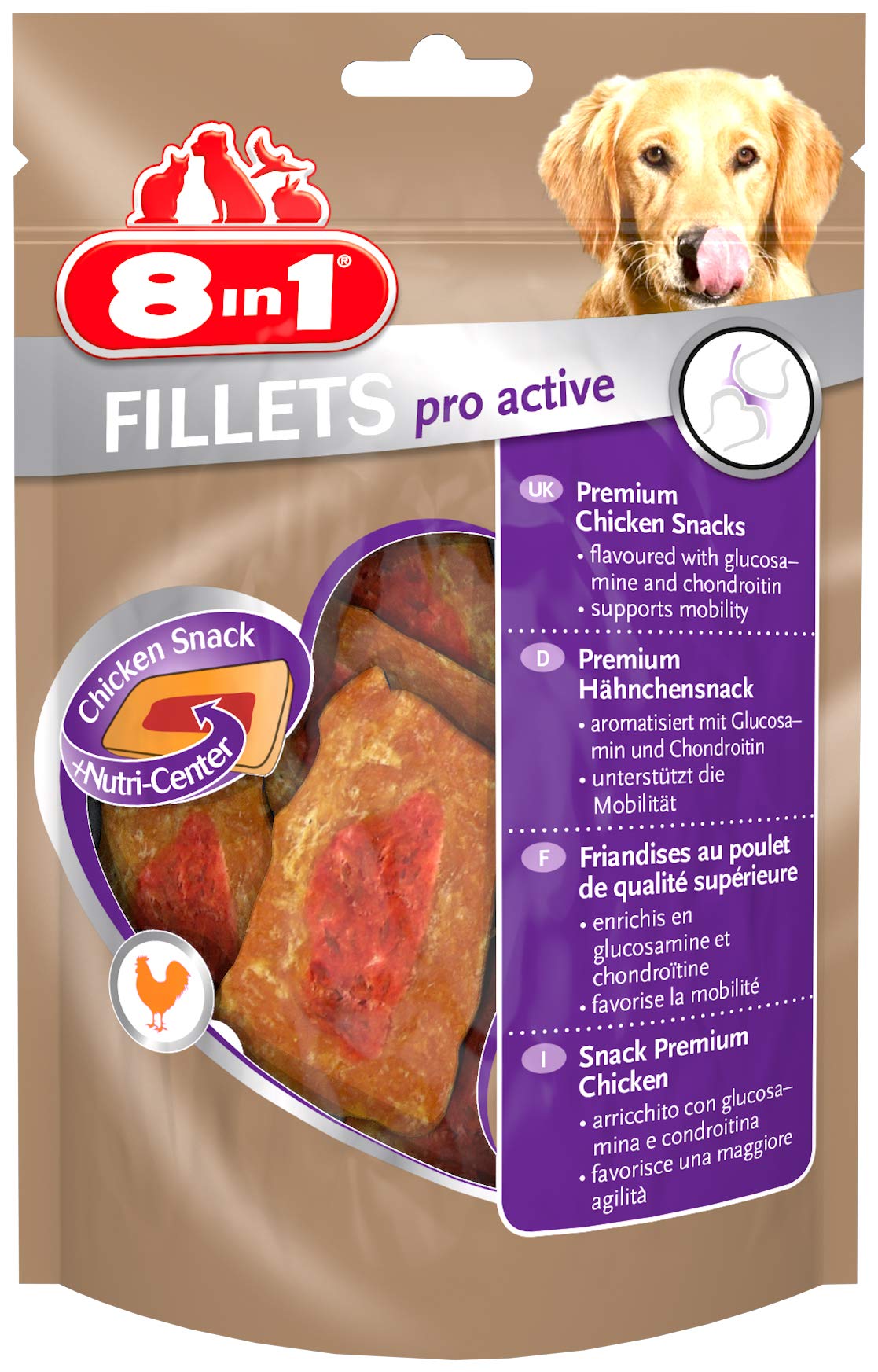 8in1 Fillets Pro Active Hunde-Snack mit Hähnchen, funktionale Leckerlis für Hunde, unterstützt die Mobilität, 80 g Beutel