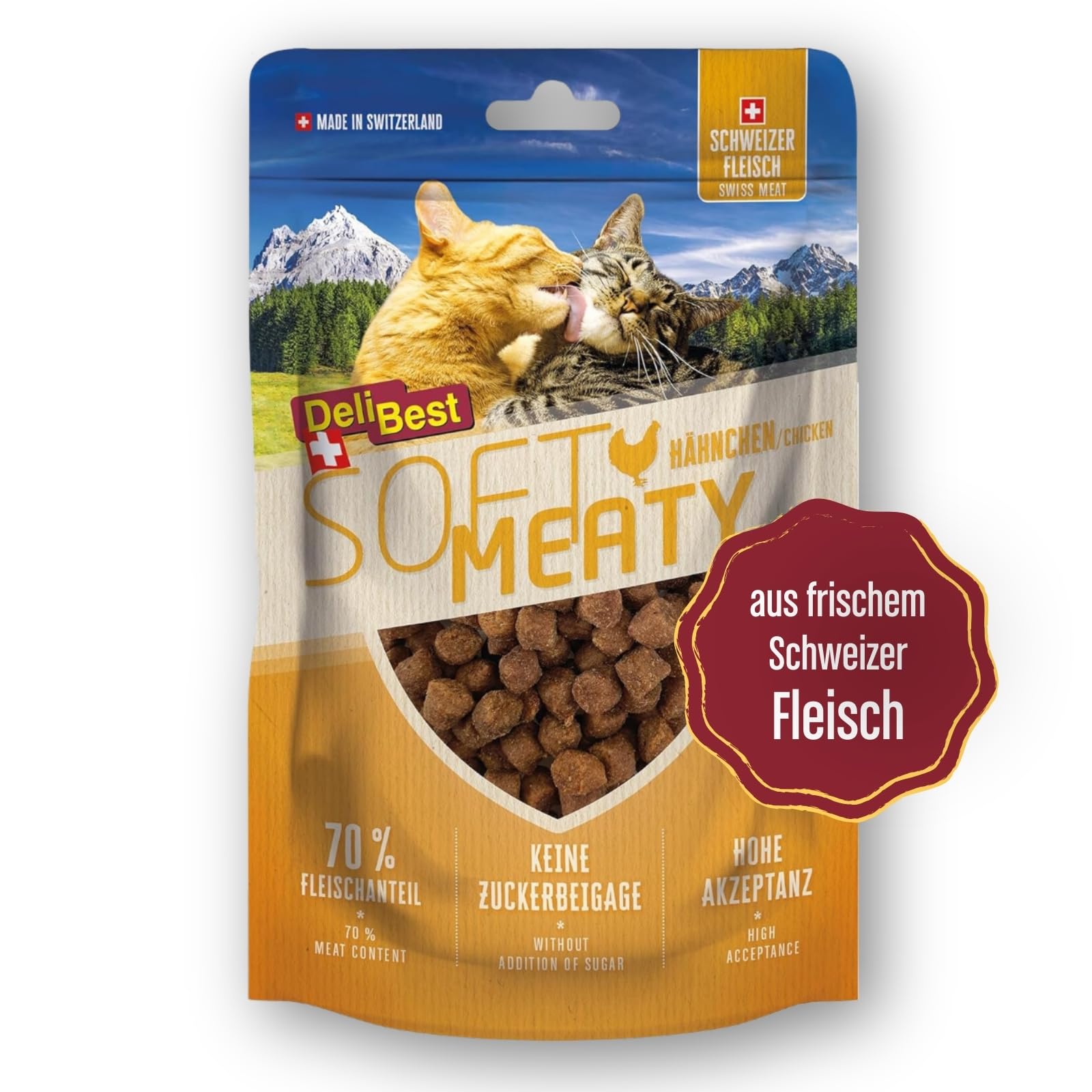 DeliBest Soft Meatys I Katzen Leckerlies aus Schweizer Hähnchenfleisch getreidefrei I halbfeuchte Leckerlies leicht verdaulich I Katzen Snack ohne künstliche Zusatzstoffe I Allergiker geeignet I 100g