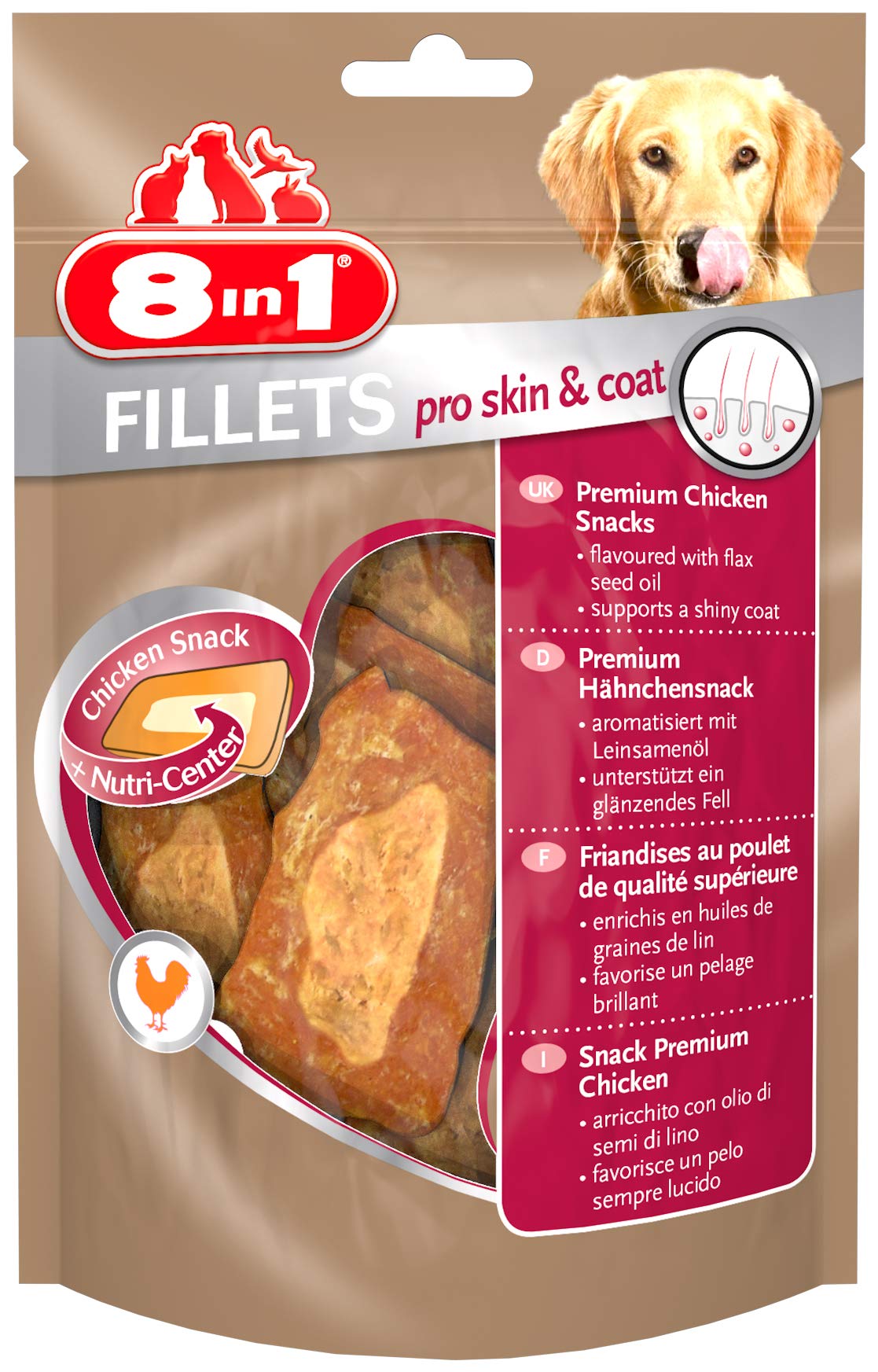 8in1 Fillets Pro Skin & Coat Hunde-Snack mit Hähnchen, funktionale Leckerlis für Hunde, aromatisiert mit Leinsamenöl, 80 g Beutel