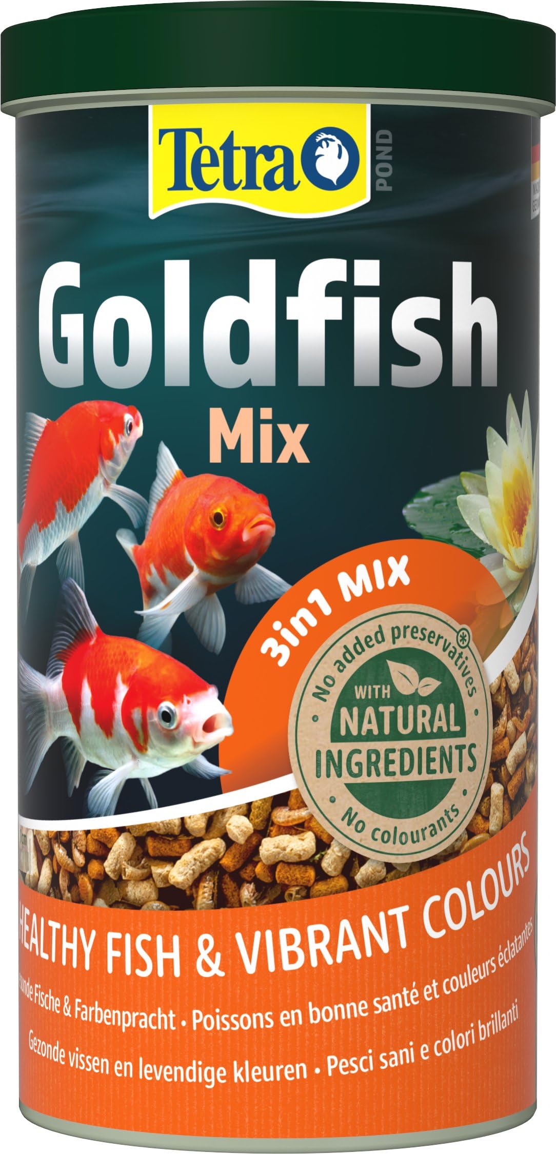 Tetra Pond Goldfish 3in1 Mix – Fischfutter-Mischung aus Flocken, Sticks und Gammarus für alle Goldfische und Kaltwasserfische im Teich, 1 L Dose