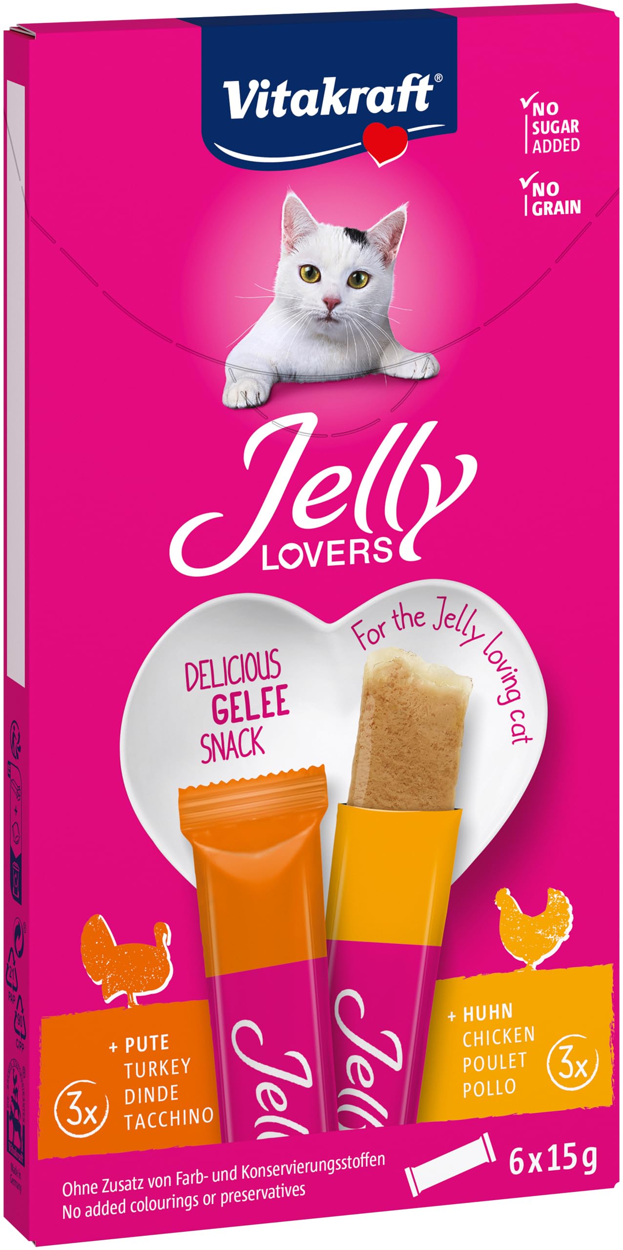 Vitakraft Jelly Lovers, Katzensnack, Gelées zum Schlecken, mit Huhn und Pute, zum Verwöhnen zwischendurch, ohne Zusatz von Zucker und Getreide (1 Paket mit 6x 15g)