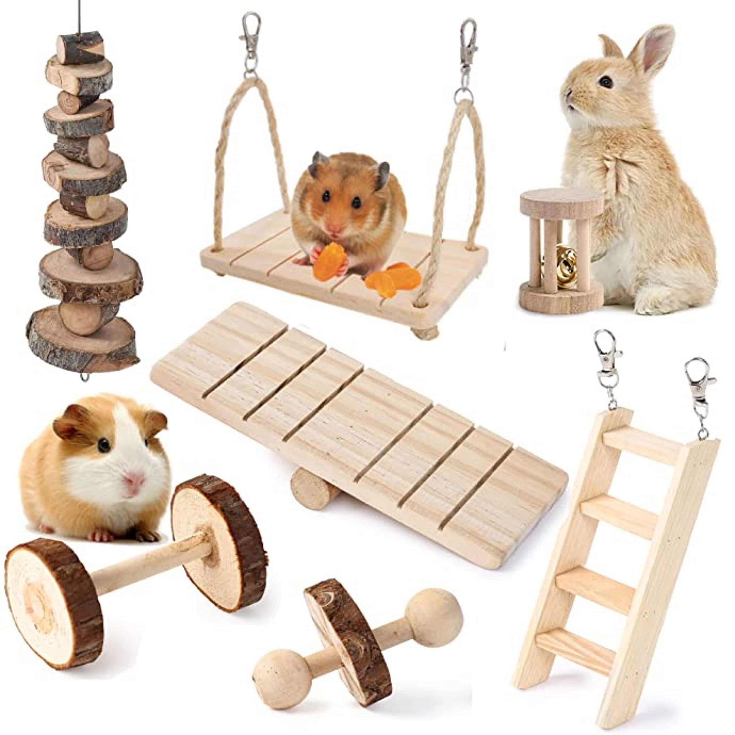 JanYoo Hamster-Kauspielzeug, Natürliches Holz Kaninchen Meerschweinchen Zahnpflege Molar Übungsspielzeug Leiter Zubehör für Kaninchen syrische Hamster Chinchilla Rennmäuse Ratten (7 Stück)