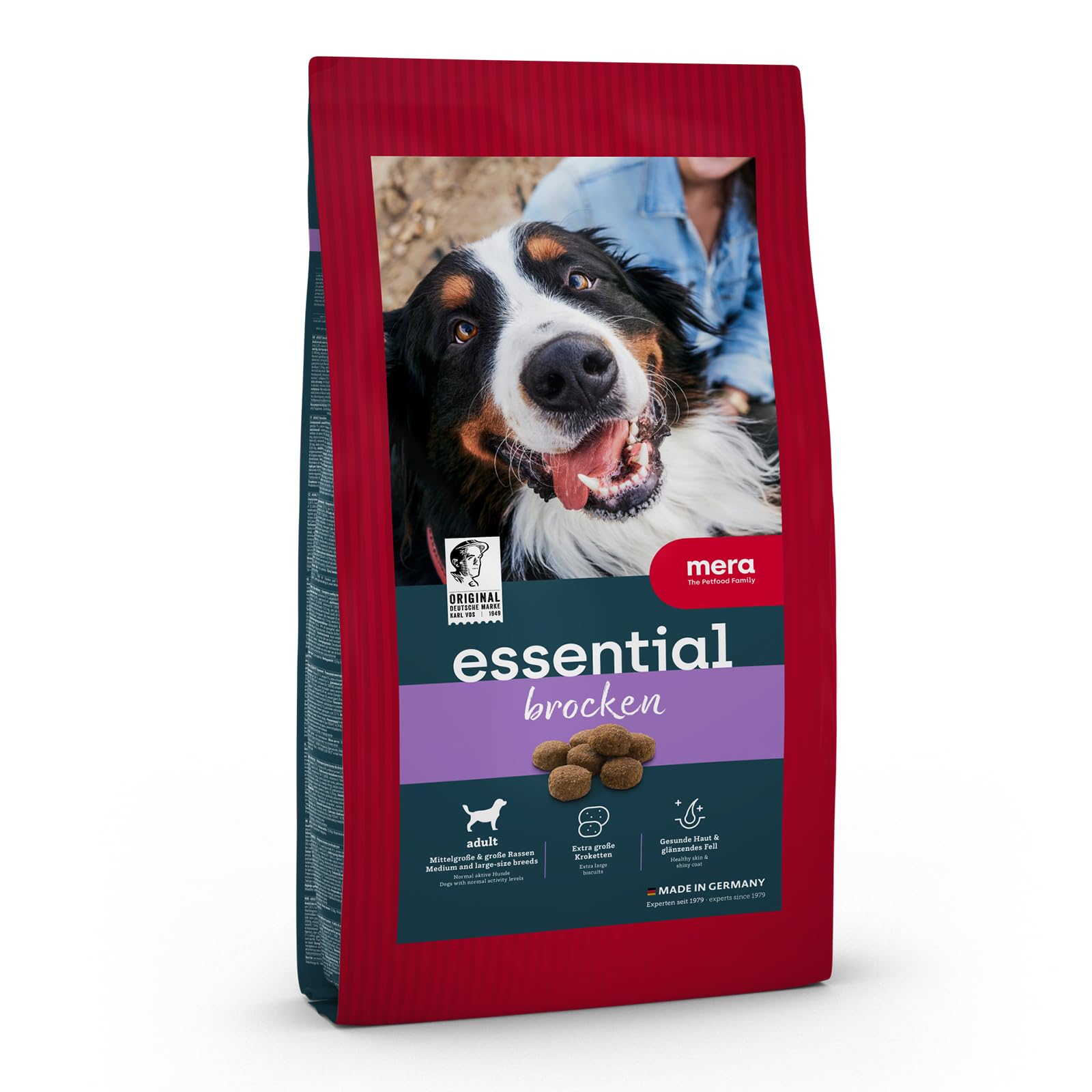 MERA essential Brocken, Hundefutter trocken für alle Hunderassen, Trockenfutter mit Geflügel Protein, gesundes Futter mit Omega-3 und Omega-6, große Kroketten, 12.5kg (1er Pack)