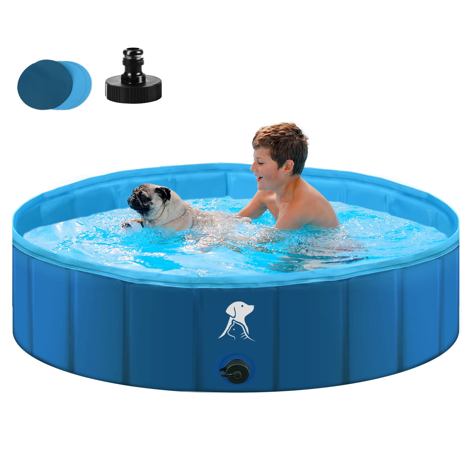 Fwiull Hundepool für Große & Kleine Hunde, Faltbarer Hunde Planschbecken 140 * 30CM Hundebadewanne Stabiler Swimmingpool Haustier Kind Schwimmbecken rutschfest Tragbar Blau