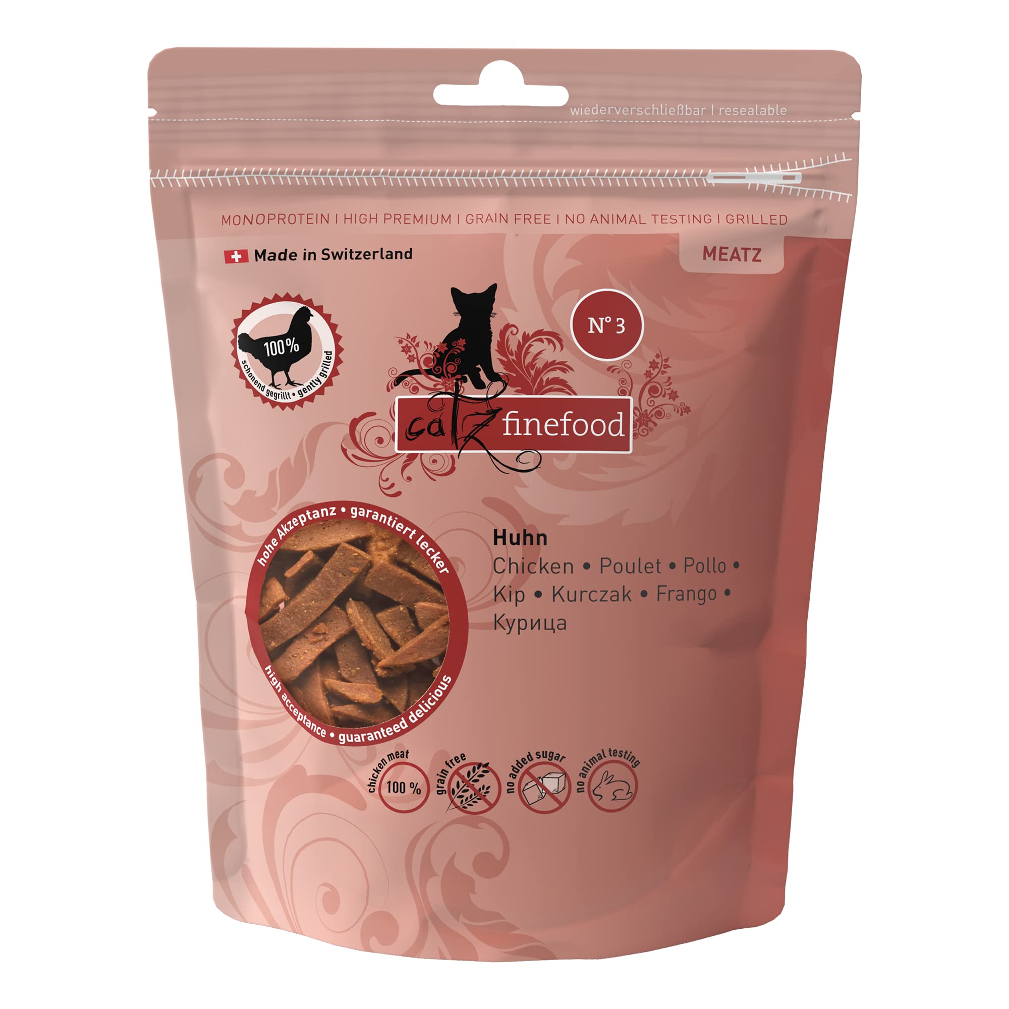 catz finefood Meatz Katzen Leckerlies Huhn N° 3 – knusprige Fleischstreifen, gegrilltes Hühnerfleisch mit Biotin für gänzendes Fell – Katzensnack ohne Zucker, getreidefrei, 45g