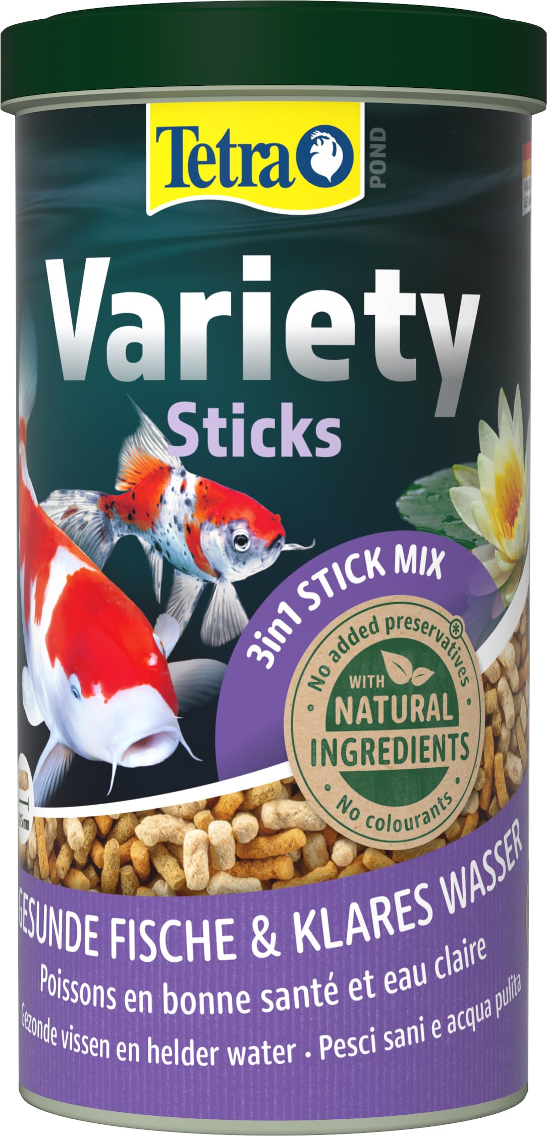 Tetra Pond Variety Sticks – Fischfutter-Mix für Teichfische aus drei verschiedenen Sticks, für die Gesundheit, Farbenpracht und Vitalität aller Fische im Teich, 1 L Dose