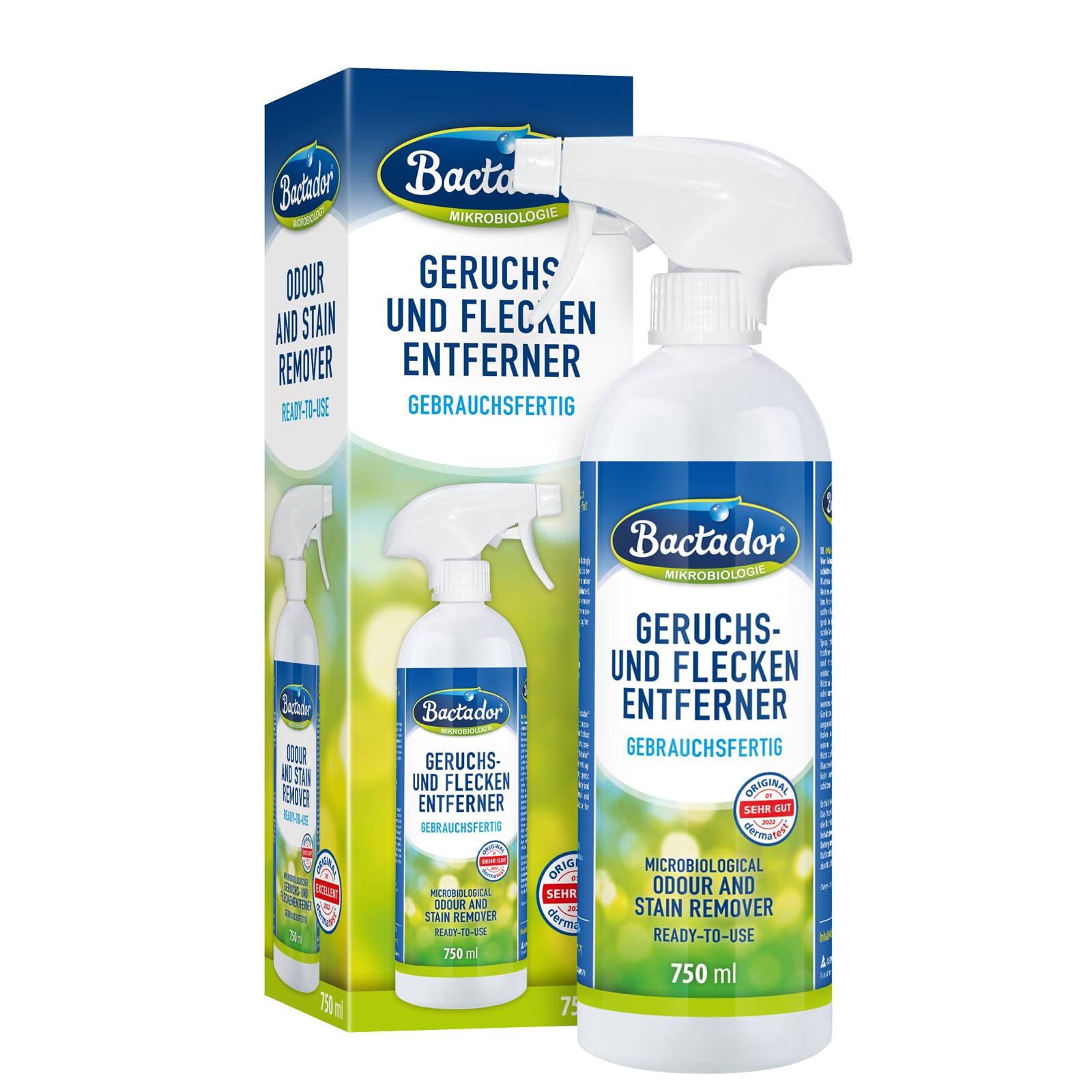 Bactador Enzymreiniger – Geruchsentferner & Fleckenentferner Spray 750ml – Mikrobiologischer Geruchsneutralisierer – Porentiefe Reinigung in Haushalt und Tierhaltung – Hundeurin/Katzenurin Entferner