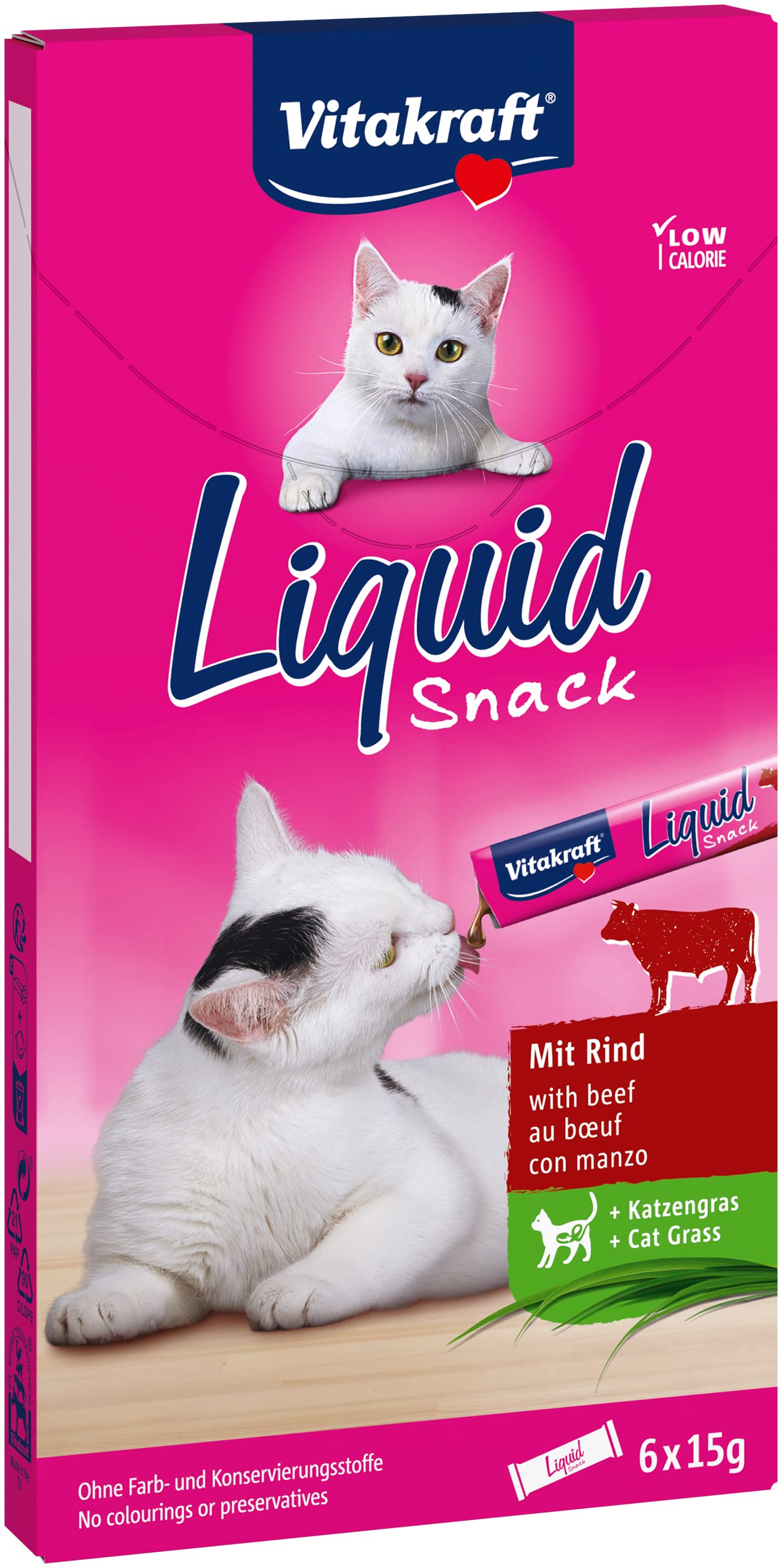 Vitakraft Liquid Snack, Katzensnack flüssig, Katzenleckerli, mit Rind und Katzengras, zur Unterstützung der gesunden Darmflora, kalorienarm (1 Paket mit 6x 15g)