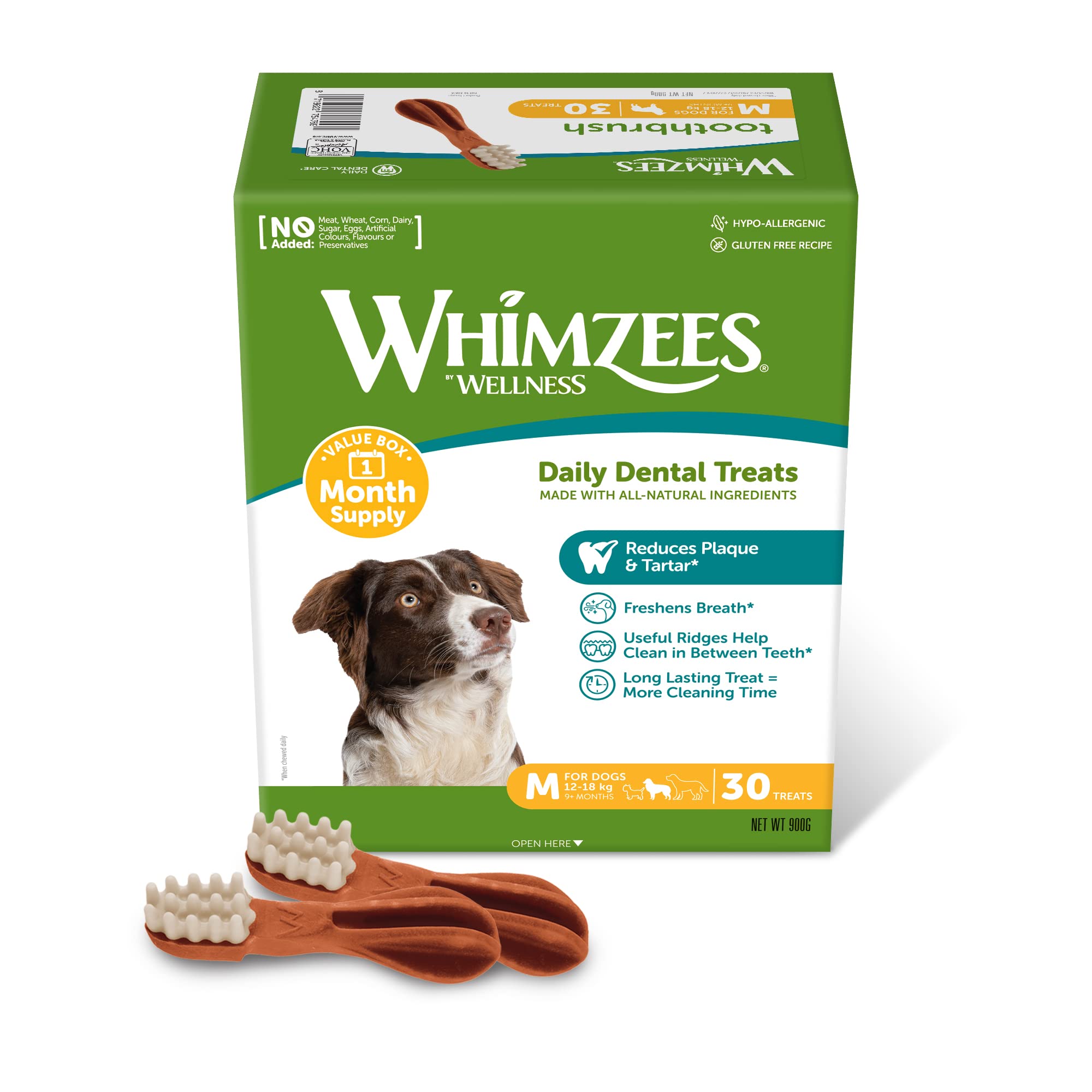 WHIMZEES By Wellness Zahnbürste, Kaustangen für mittelgroße Hunde zur Zahnpflege, Größe M, 30 Stück (Monatspackung), ohne Zuckerzusatz, getreidefrei, natürlich, fettarm