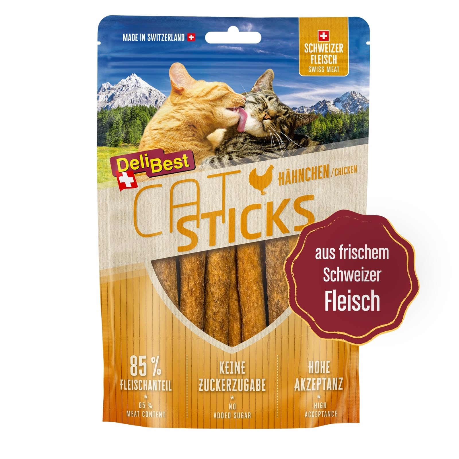 DeliBest Cat Sticks aus 100% Schweizer Hähnchenfleisch I Katzen Leckerlies getreidefrei I halbfeuchte Leckerlies in Stickform I Katzensnack ohne künstliche Zusatzstoffe I Allergiker geeignet I 50g