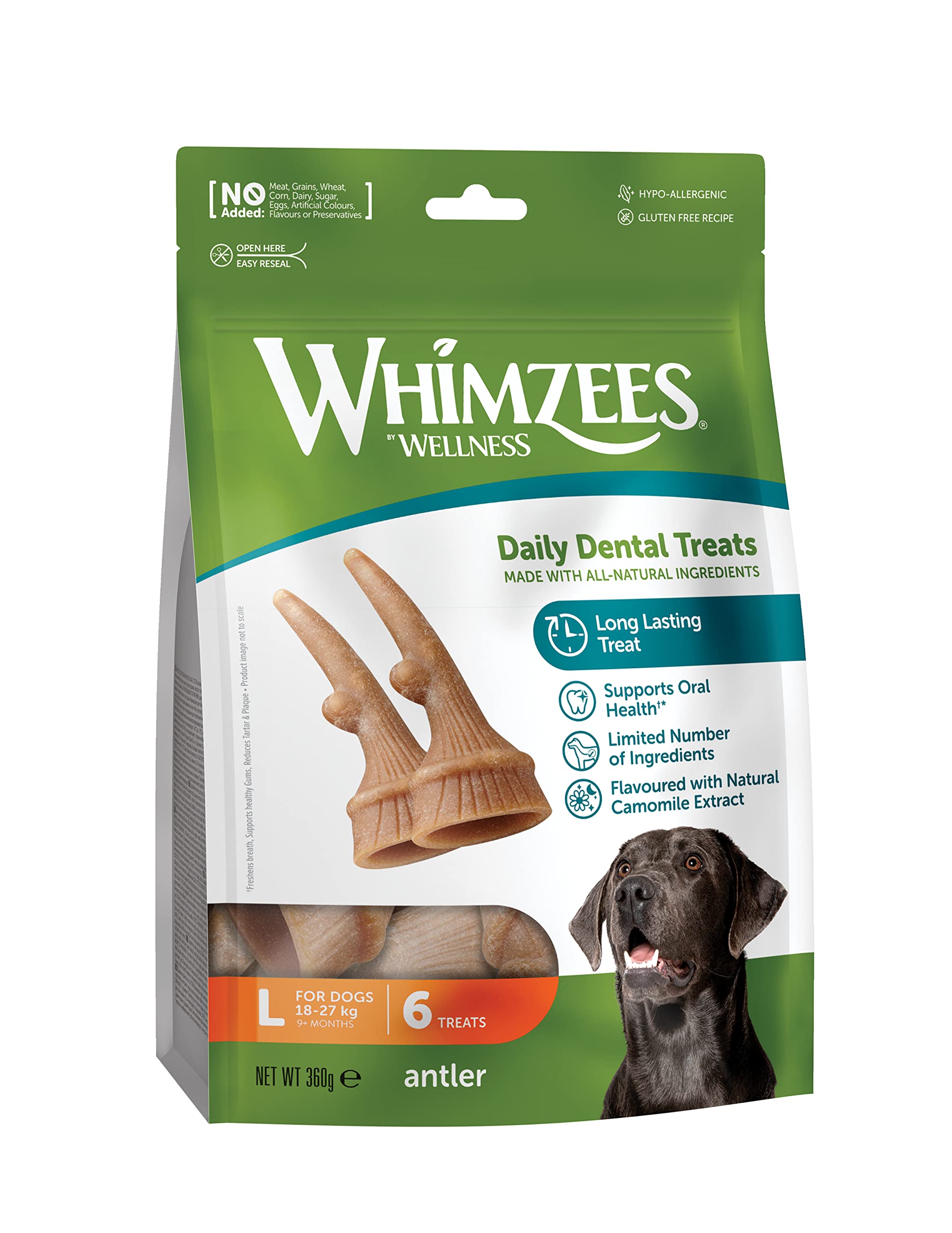 WHIMZEES By Wellness Antler, geweihförmiger Hundesnack für große Hunde, Größe L, 6 Stück, wirkt ruhigend, ohne Zuckerzusatz, getreidefrei, natürlich, fettarm