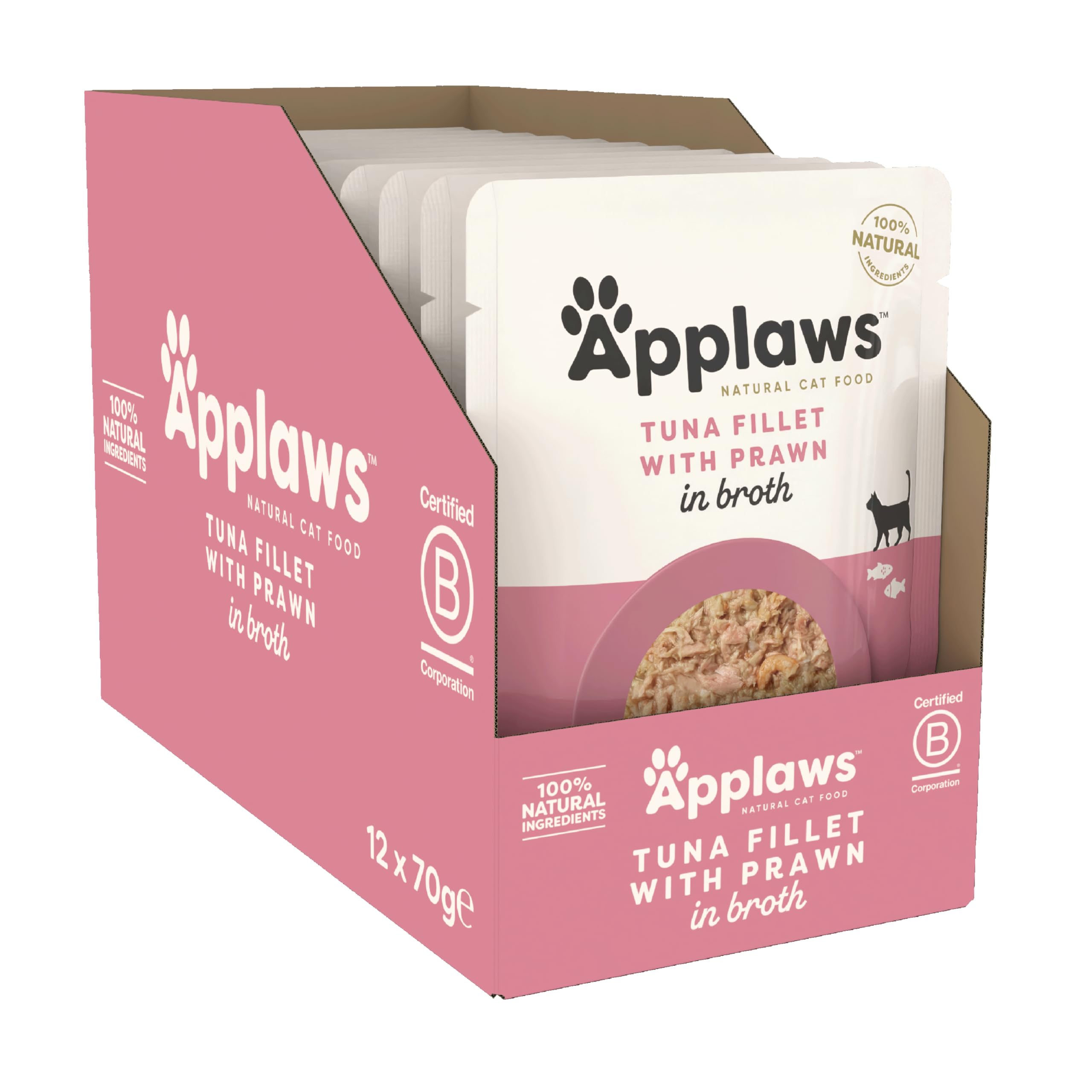 Applaws Premium Natural Katzenfutter Nass, Thunfischfilet mit pazifischer Garnele in Brühe 70g Portionsbeutel (12x70g )