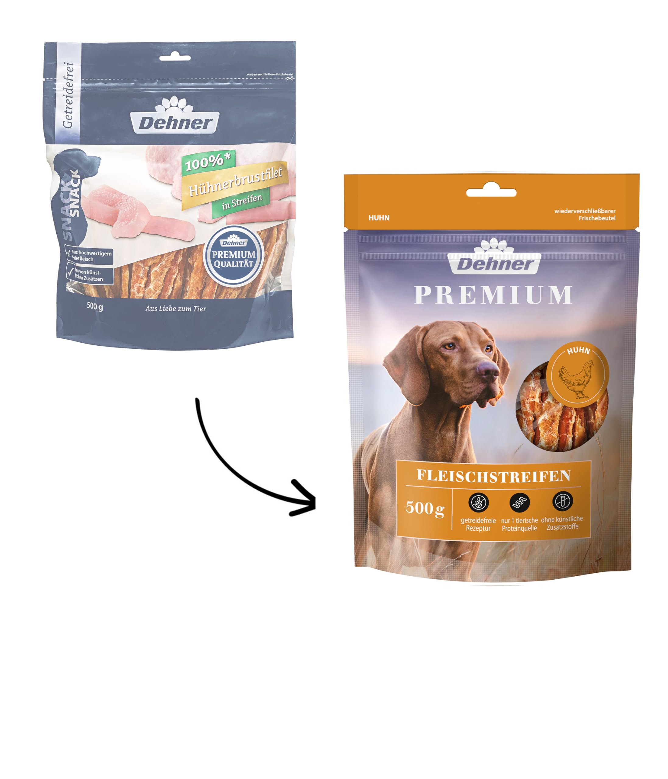 Dehner Premium Hundesnack, Leckerli getreidefrei / fettarm, Kausnack für ausgewachsene Hunde, Hühnerbrustfilet in Streifen, 500 g