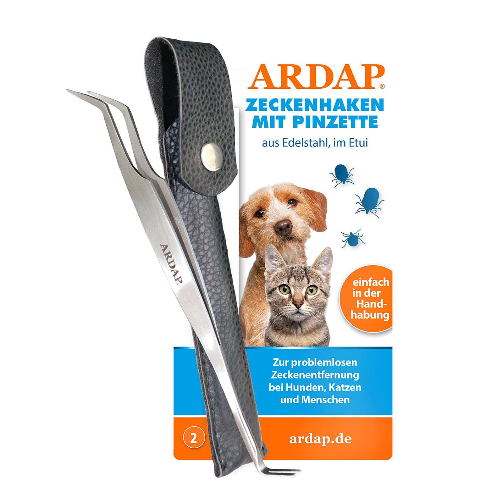 ARDAP Zeckenzange und Zeckenhaken 2in1 Zeckenpinzette aus Edelstahl im LederEtui Einfache & effektive Zeckenentfernung Premium Zeckenzange für Hunde, Zeckenzange Katze & Zeckenzange Mensch