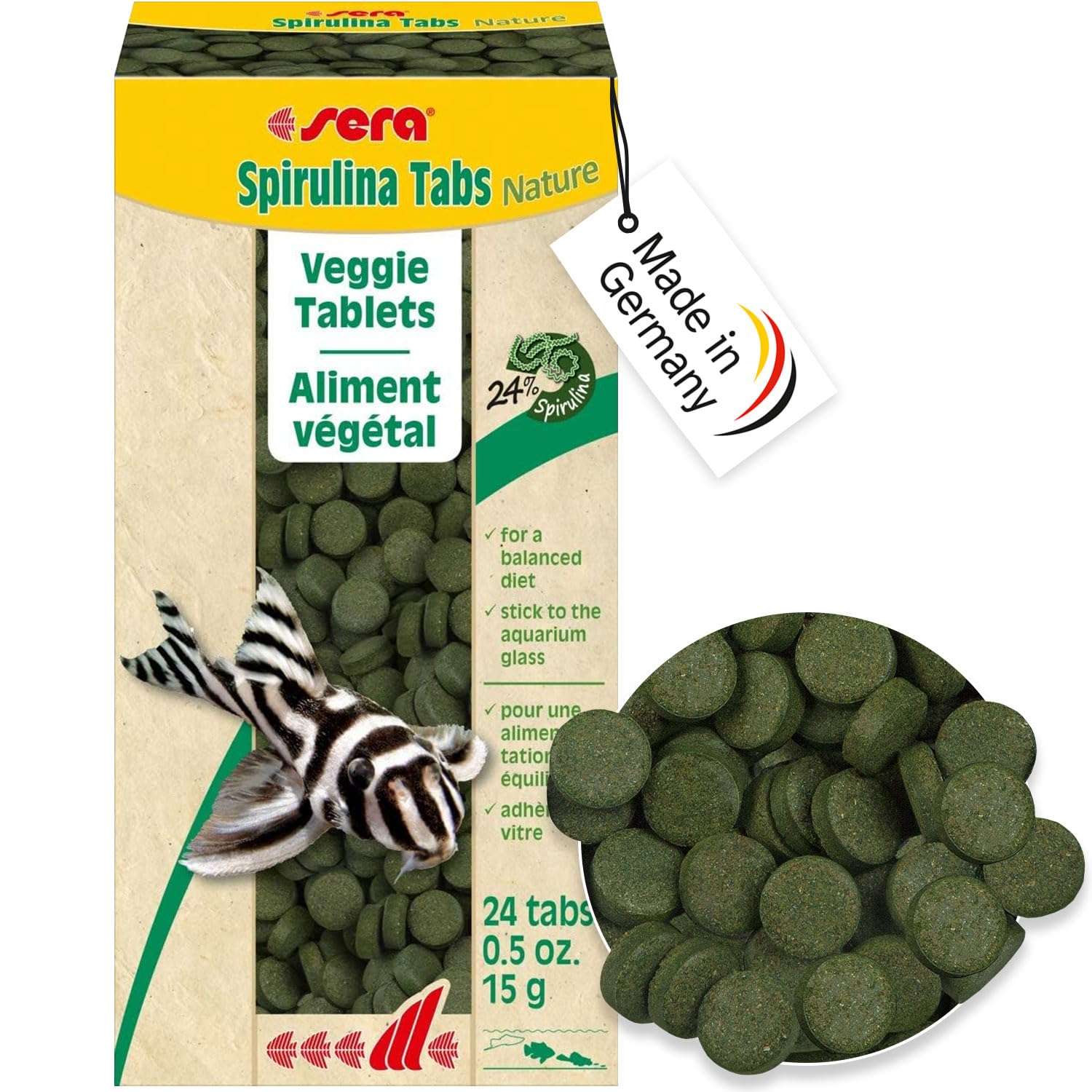 sera Spirulina Tabs Nature 24 Tabs (15 g) – Hafttabletten mit 24 % Spirulina für eine gesunde Verdauung und Vitalität, Futtertabletten Aquarium