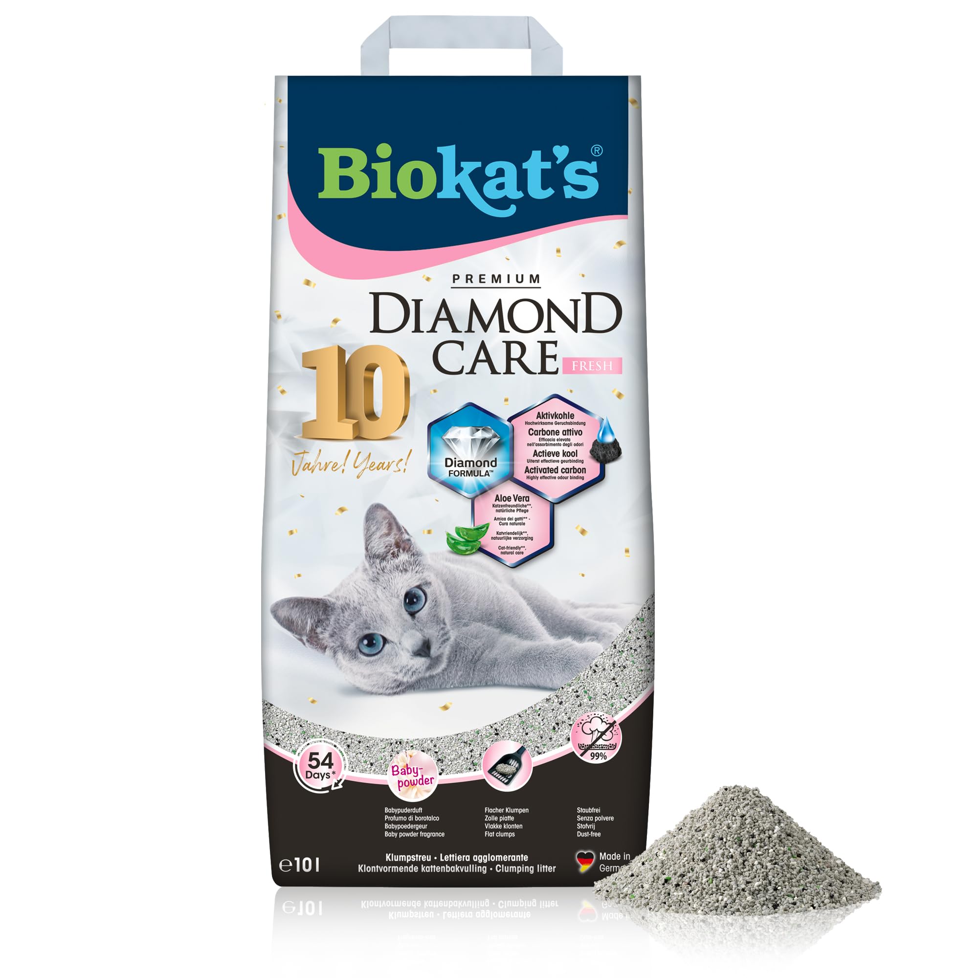 Biokat’s Diamond Care Fresh Katzenstreu mit Babypuder-Duft – Feine Klumpstreu aus Bentonit mit Aktivkohle und Aloe Vera – 1 Sack (1 x 10 L)