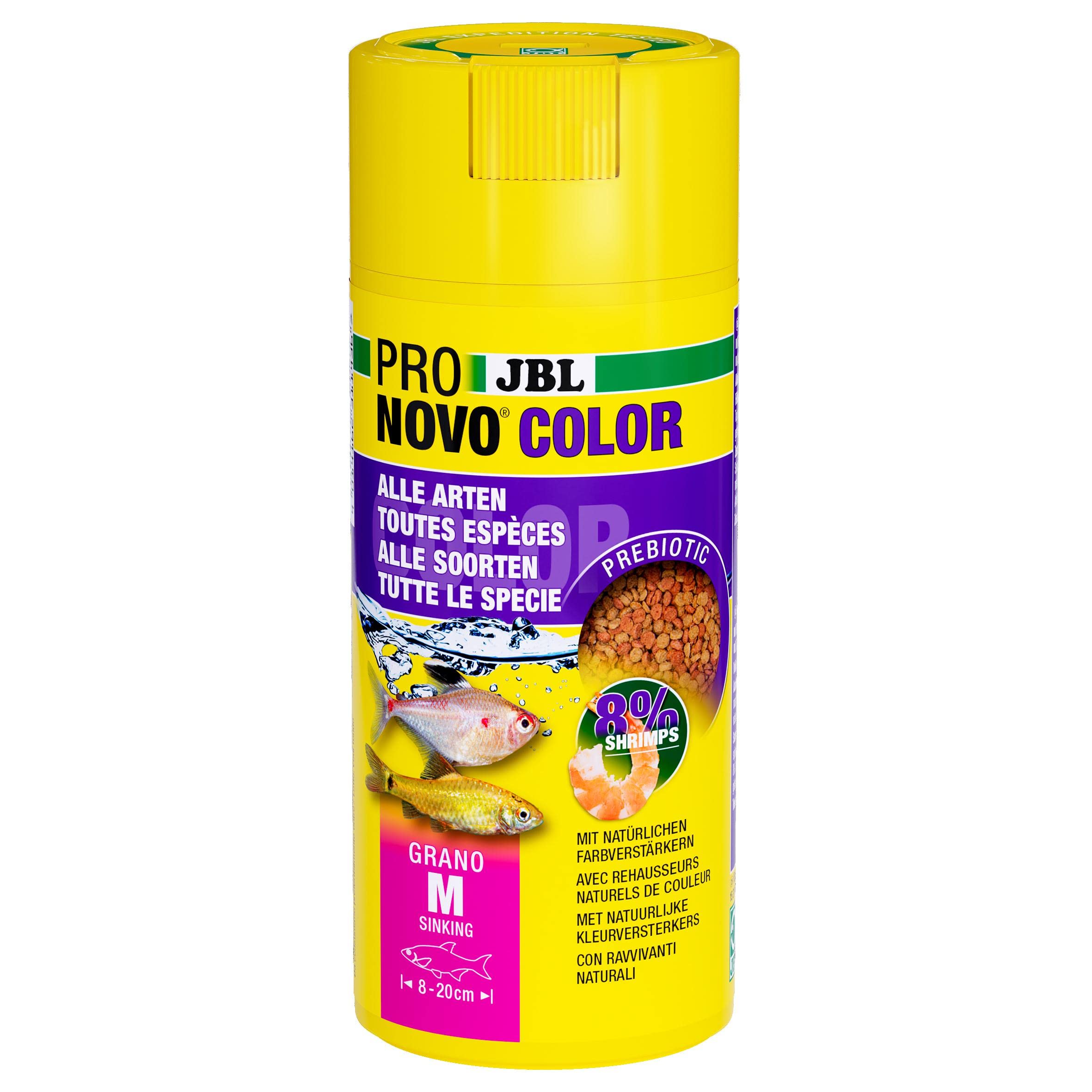 JBL PRONOVO COLOR GRANO CLICK, Farbfutter-Granulat für alle Aquarienfische von 8-20 cm, Klickdosierer, Fischfutter-Granulat, Größe M, 250 ml