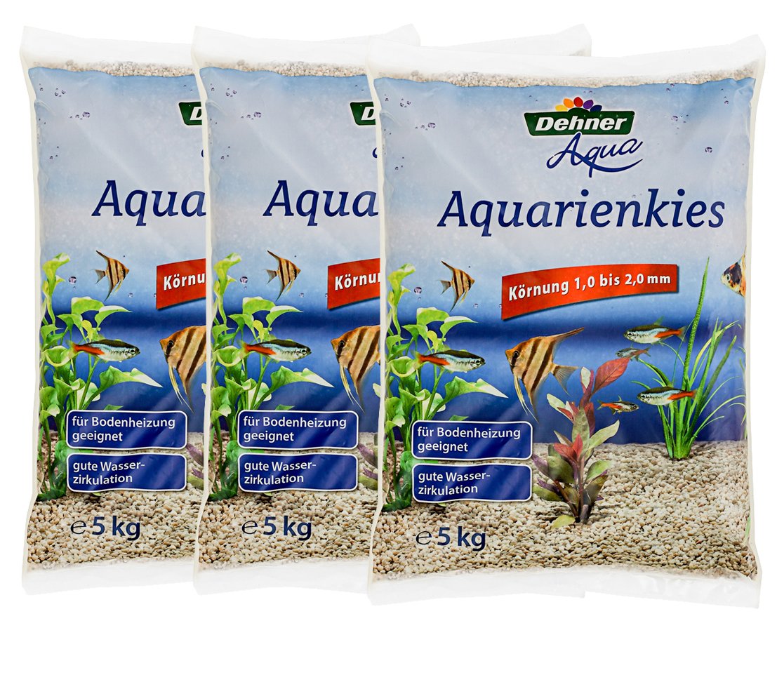 Dehner Aqua Aquarienkies, Körnung 1 – 2 mm, 3 x 5 kg (15 kg), weiß