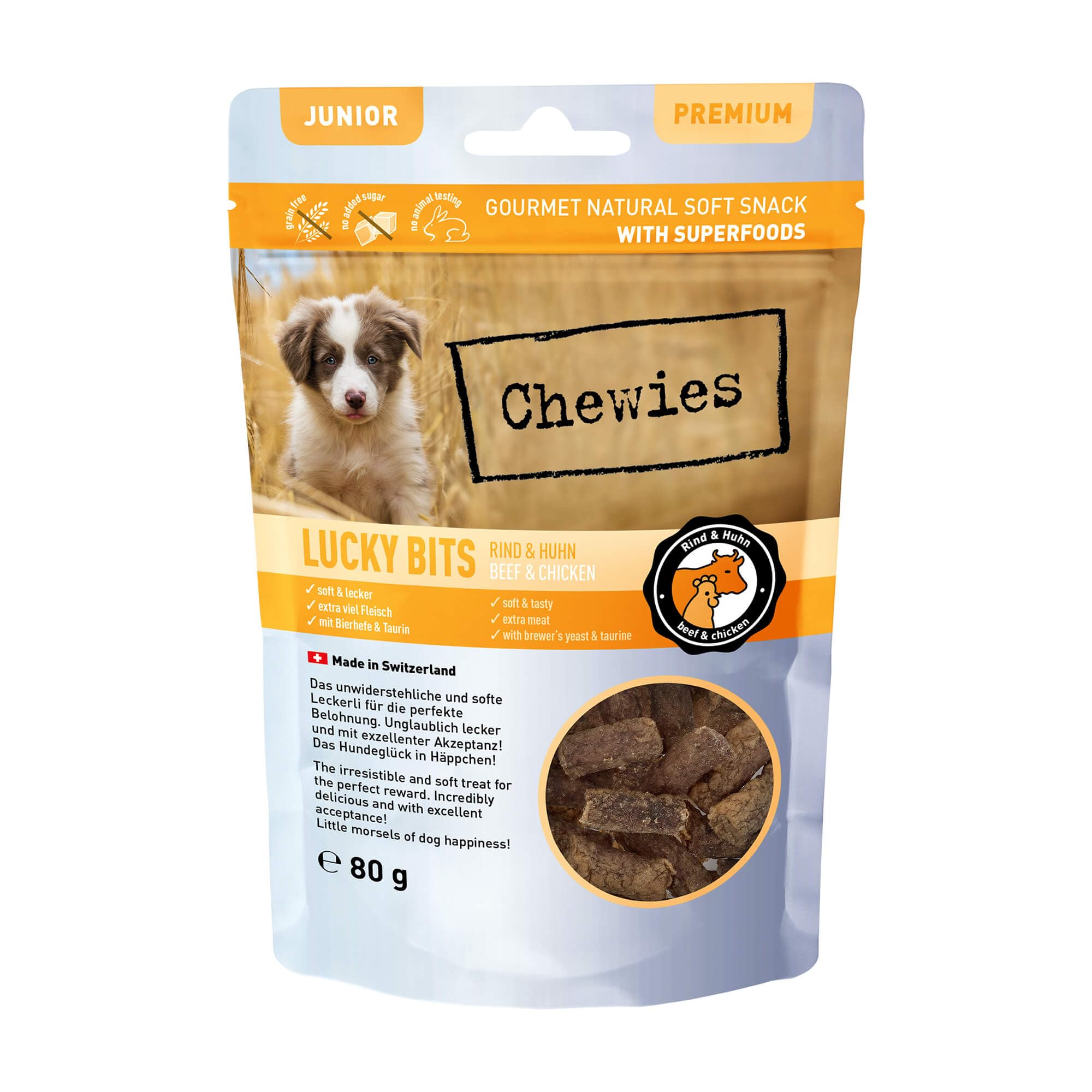 Chewies Lucky Bits Rind & Huhn Junior Hundeleckerli für Welpen – Hundeleckerlis getreidefrei & Soft mit viel Protein und Superfoods wie Bierhefe oder Ginkgo, ohne Zucker (80 g)