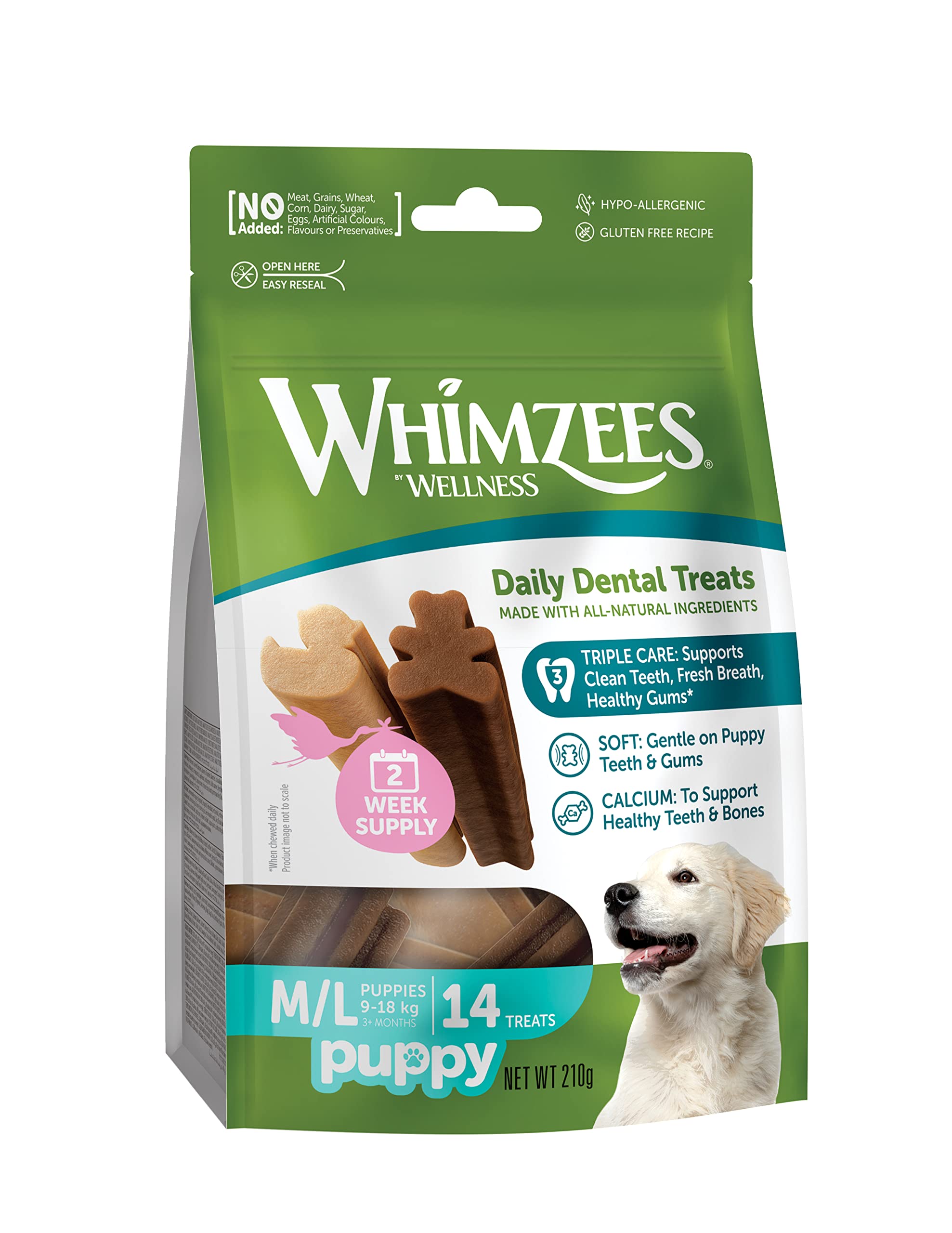 WHIMZEES By Wellness Puppy Stix, Kauknochen für große Welpen, Hundesnack zur Zahnpflege, Größe M/L, 14 Stück, ohne Zuckerzusatz, getreidefrei, natürlich, fettarm