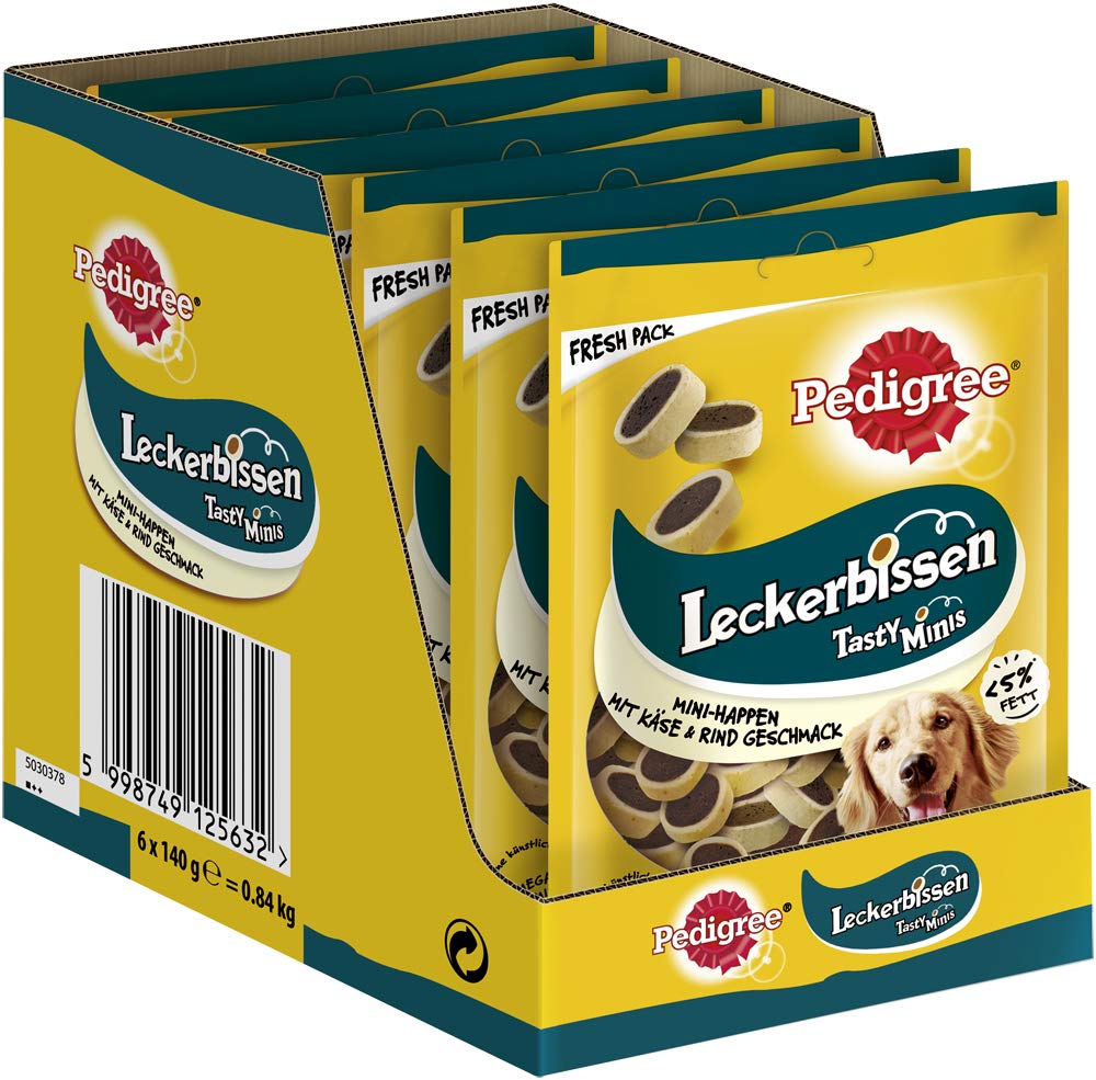 Pedigree Hundesnacks Leckerbissen Mini–Happen, 6er Pack, 6x140g – Hundekekse mit Rind– und Käsegeschmack, ideal für das Training oder für zwischendurch