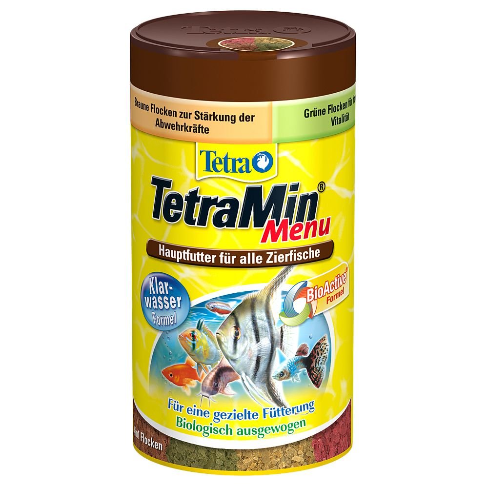 Tetra Min Menu Fischfutter – Hauptfuttermix mit 4 Spezialflocken in getrennten Kammern, abwechslungsreiches Futter für alle Zierfische, 250 ml Dose