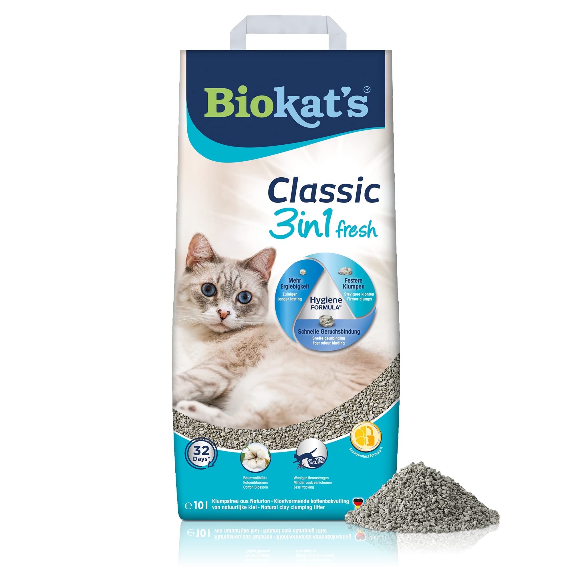 Biokat’s Classic fresh 3in1 Katzenstreu mit Cotton Blossom-Duft – Klumpstreu aus Bentonit mit 3 unterschiedlichen Korngrößen – 1 Sack (1 x 10 L)