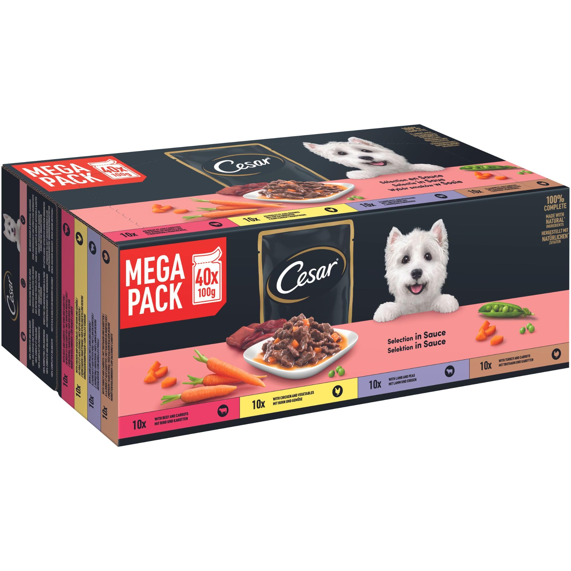 Cesar Selektion in Sauce Premium Hunde Nassfutter im Portionsbeutel 4 Varietäten 40x100g