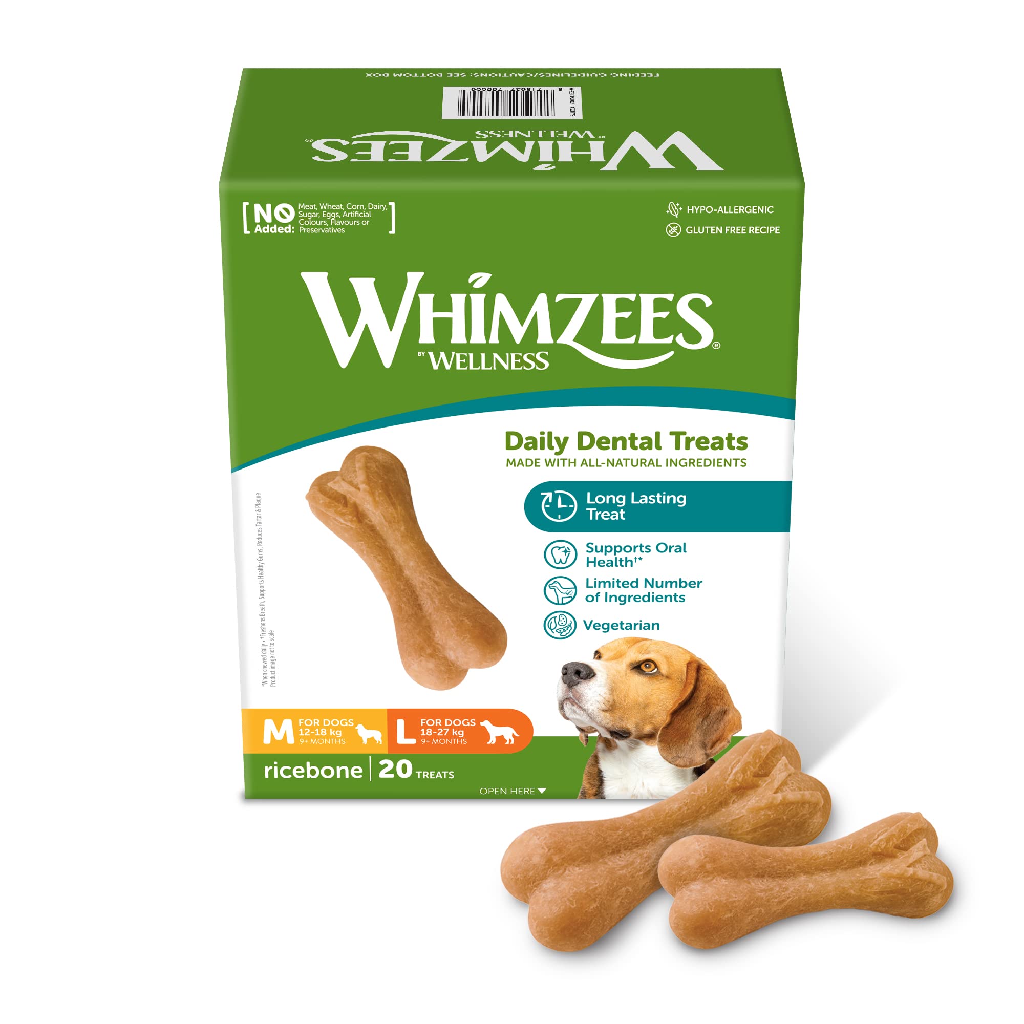 WHIMZEES By Wellness Reisknochen, Kauknochen für große Hunde, Hundesnack zur Zahnpflege, Größe M/L, 20 Stück, 360 g, ohne Zuckerzusatz, glutenfrei, natürlich, fettarm