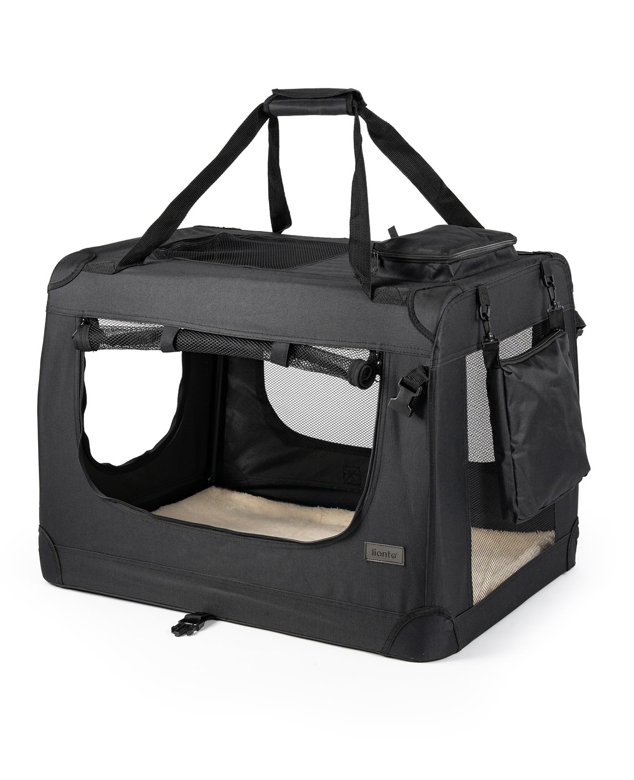 lionto Hundetransportbox faltbar für Reise & Auto, 50x34x36 cm, stabile Transportbox mit Tragegriffen & Decke für Katzen & Hunde bis 10 kg, robuste Hundebox aus Stoff für klein & groß, schwarz