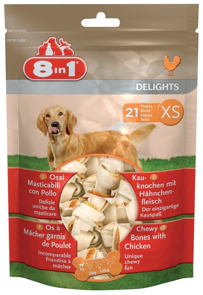 8in1 Delights Chicken Knochen XS – gesunde Kauknochen für mini Hunde, hochwertiges Hähnchenfleisch eingewickelt in Rinderhaut, 21 Stück