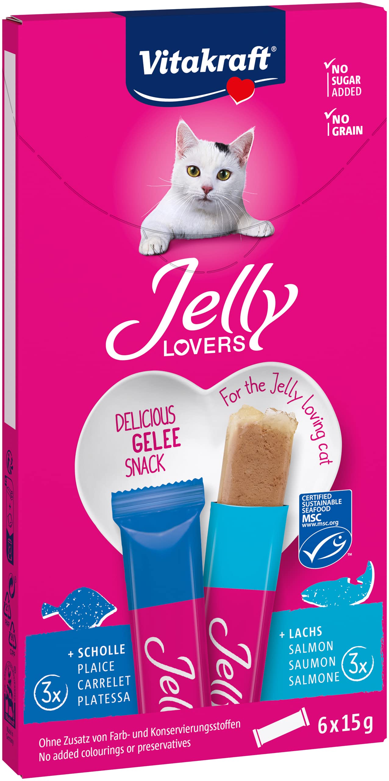 Vitakraft Jelly Lovers, Katzensnack, mit Lachs und Scholle, im Vorratspack, ohne Zusatz von Zucker und Getreide (1 Paket mit 6x 15g)