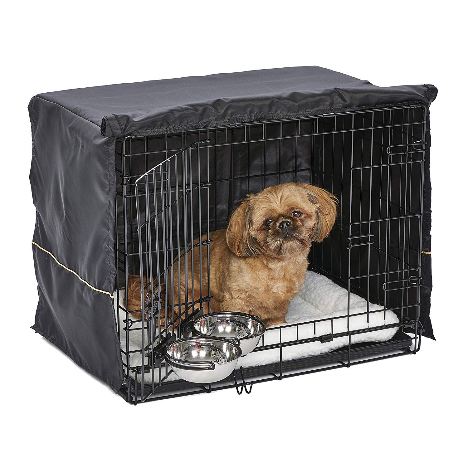 MidWest Homes for Pets iCrate 1524DD-KIT Hundebox-Set, mit ca. 61 cm langer Hundebox mit Doppeltür, Haustierbett, 2 Schüsseln und Box-Abdeckung, Trenneinsatz und patentierten Funktionen, schwarz