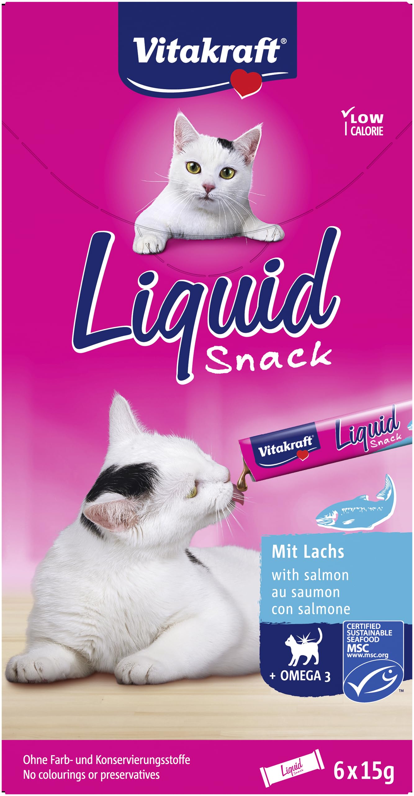 Vitakraft Liquid Snack, Katzensnack flüssig, mit MSC-Lachs, Katzenleckerlies, mit Omega3 Fettsäuren, für gesunde Haut, kalorienarm (1x 6 Stück)