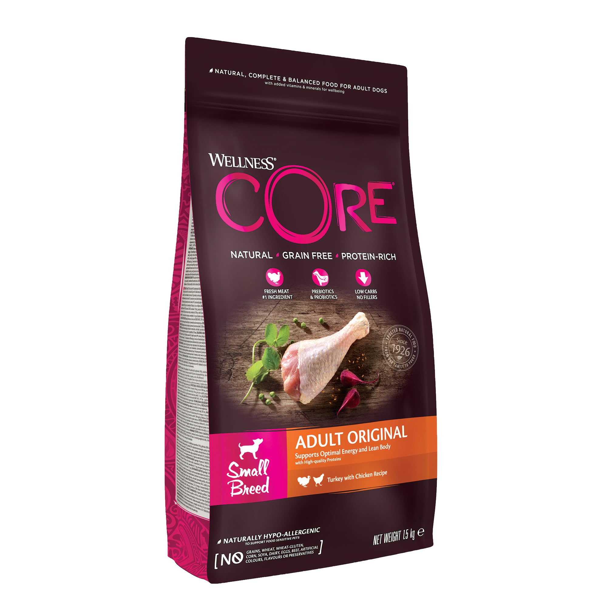 Wellness CORE Small Breed Original, Pute & Huhn, 1,5 kg, Hundefutter trocken für ausgewachsene Hunde kleiner Rassen, ohne Zuckerzusatz, getreidefrei, mit hohem Fleischanteil