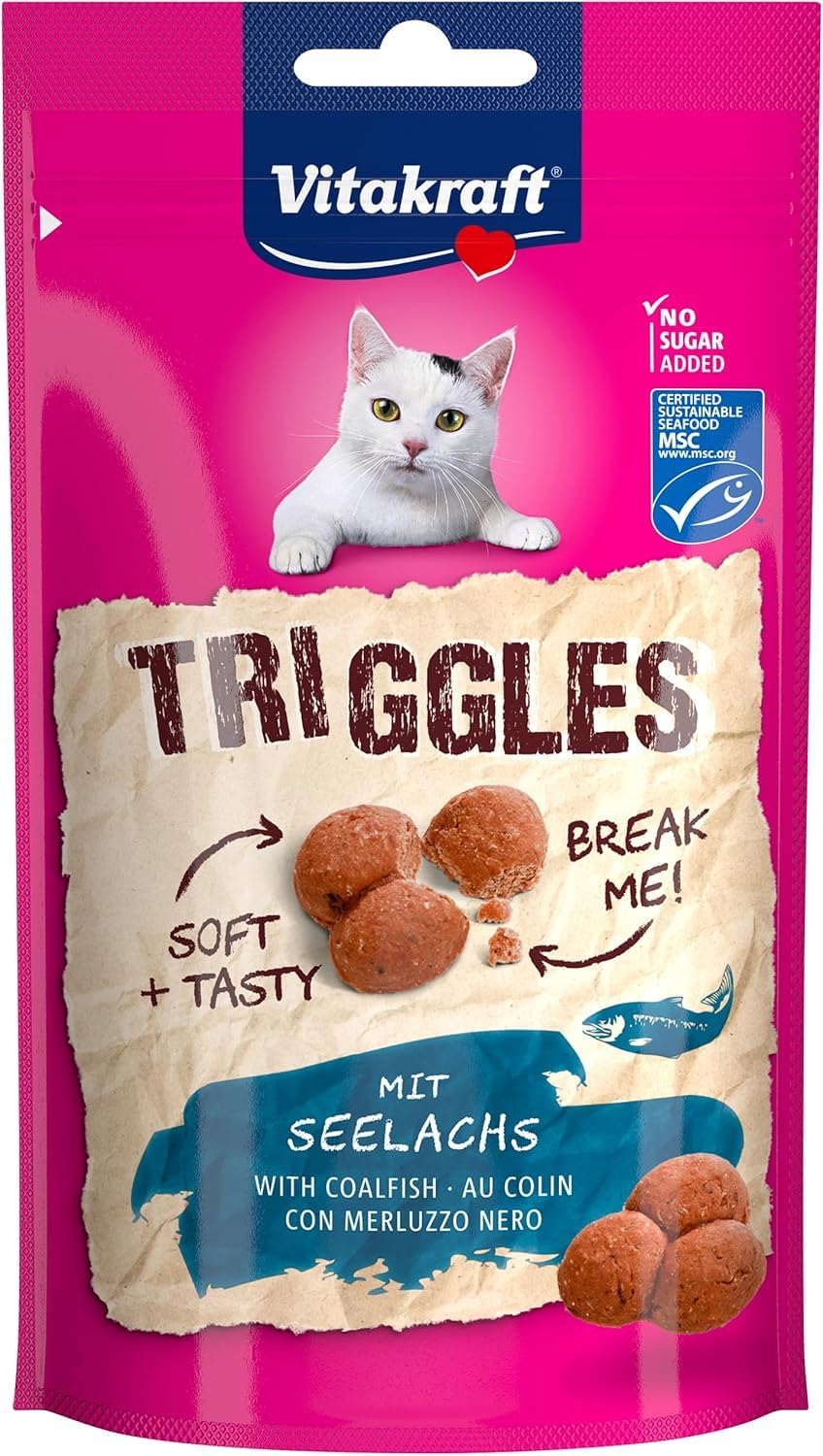 Vitakraft Triggles, Katzensnack, mit Seelachs, Mini-Häppchen zum Verwöhnen, ohne Zusatz von Zucker (1x 40g)