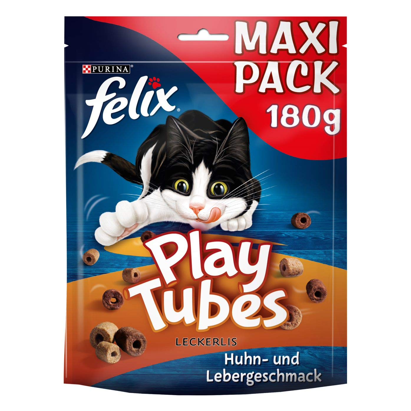 FELIX Play Tubes Katzensnack, Leckerli zum Spielen, mit Huhn- & Lebergeschmack, 5er Pack (5 x 180g)