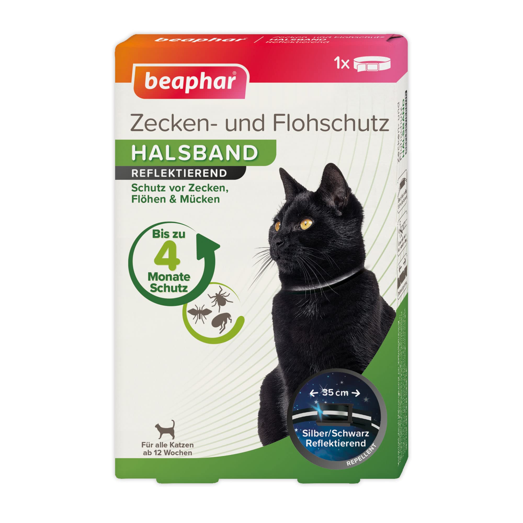 BEAPHAR – Zecken- Und Flohschutz Halsband – Für Katzen Ab 12 Wochen – Repellent – 4 Monate Schutz Vor Zecken, Flöhen Und Mücken – Regenfest – Reflektierend – Bandlänge 35 cm – Silber / Schwarz