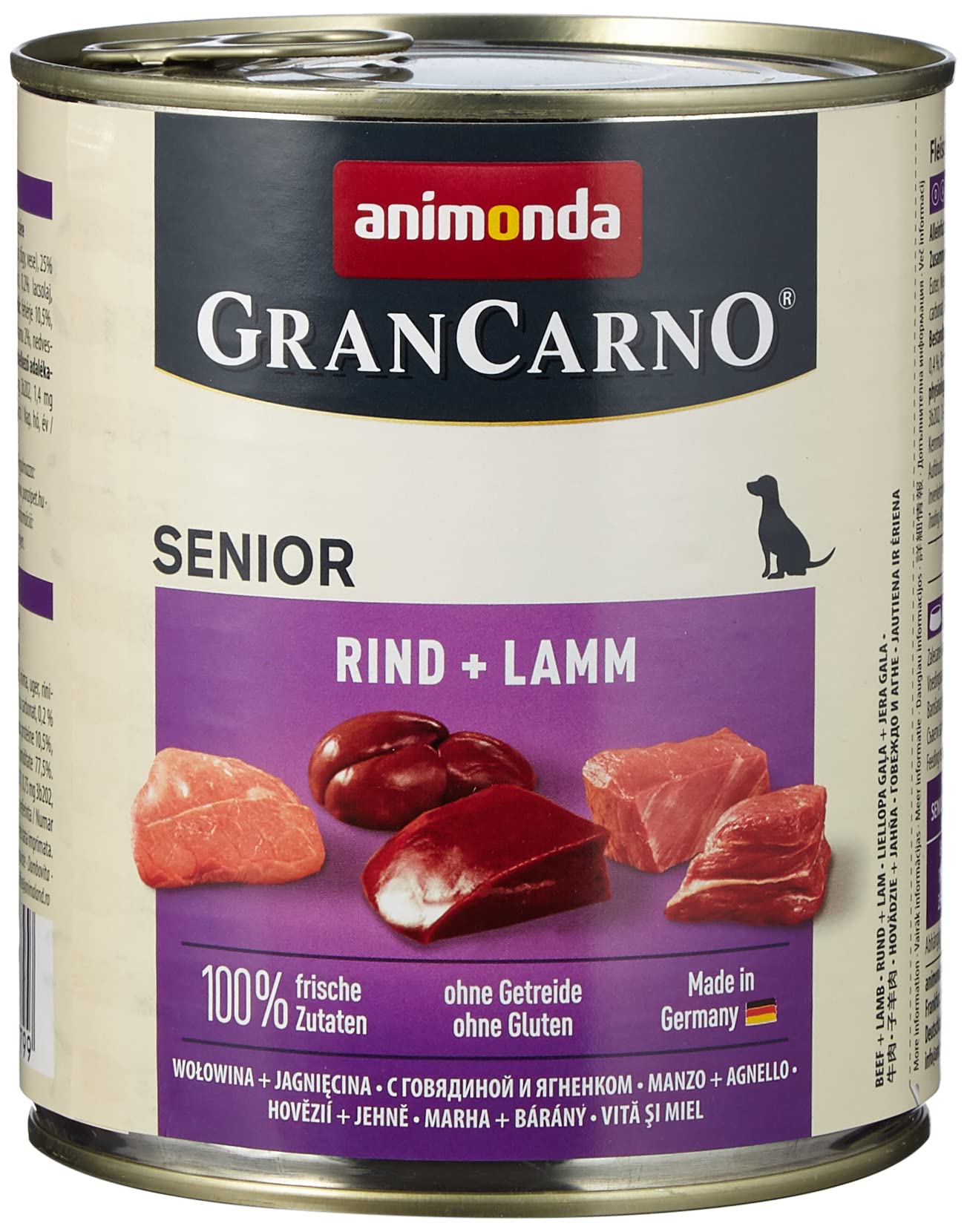 GranCarno Hunde Nassfutter Senior mit Rind + Lamm (6 x 800g), Hundefutter nass ohne Getreide und Zucker von animonda für ältere Hunde ab 7 Jahren mit frischen fleischlichen Zutaten